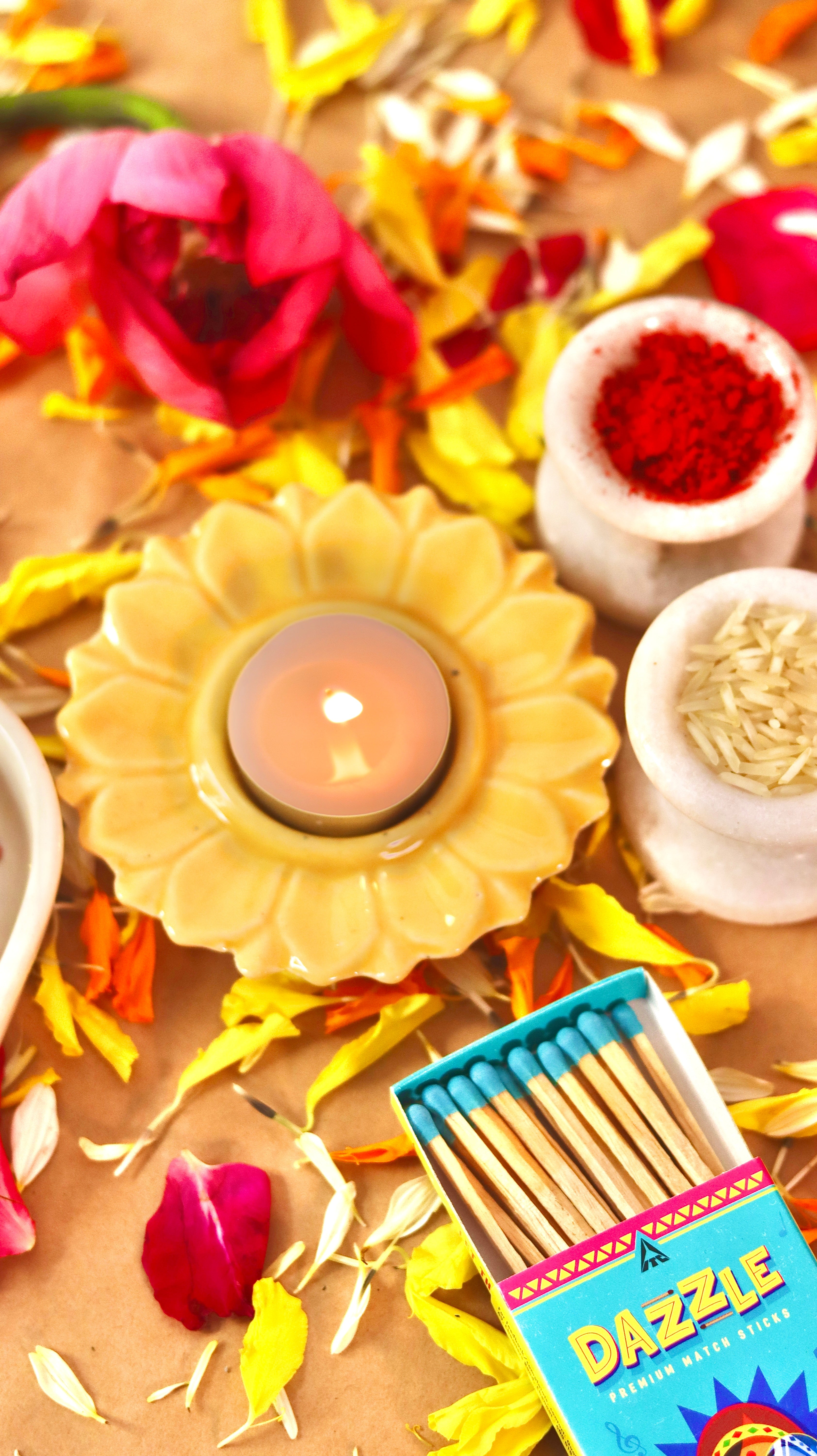 Bloomika flower-shaped T-light candle holder /diyas in vibrant festive colors by KLAEORA