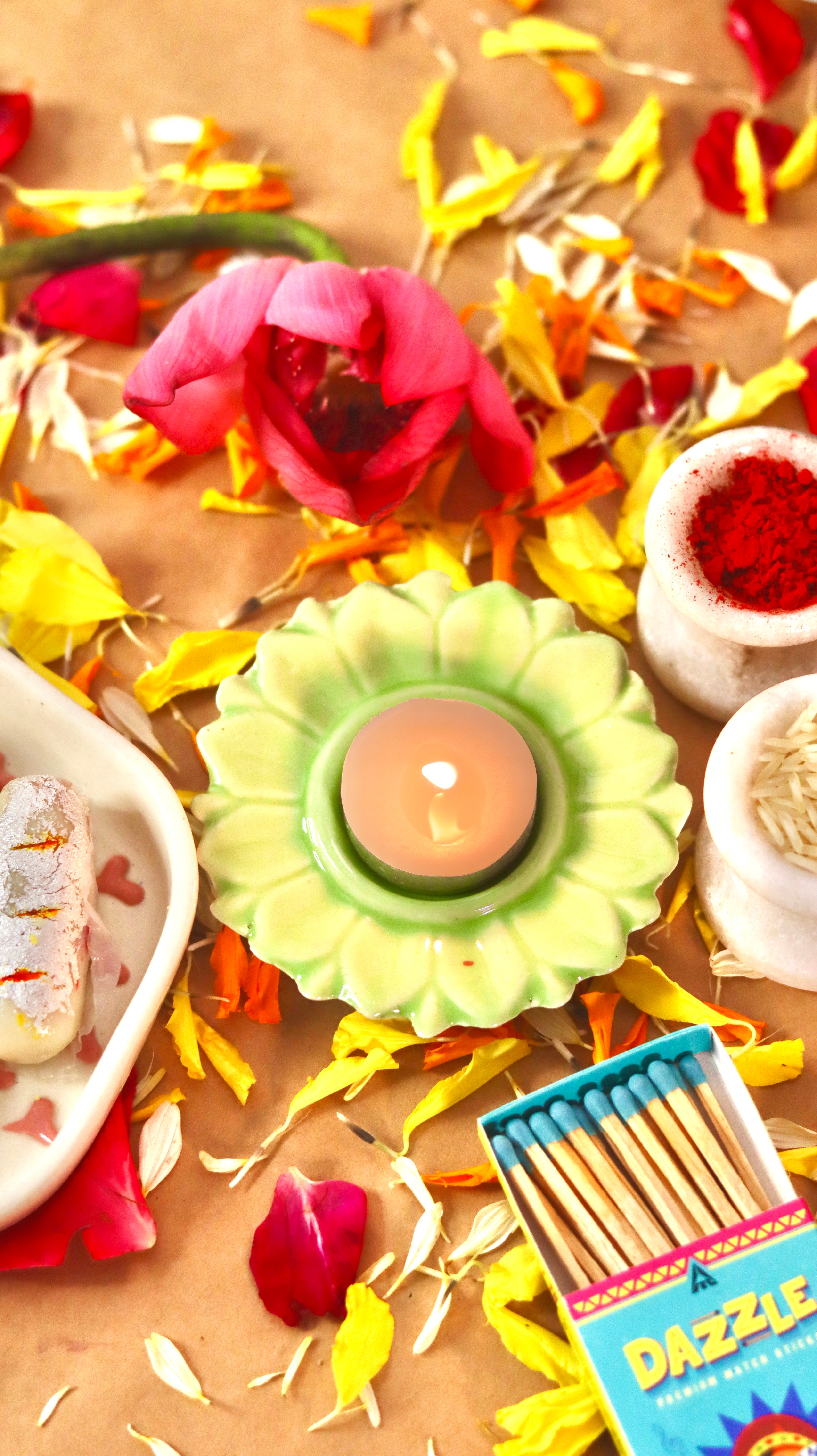 Bloomika flower-shaped T-light candle holder /diyas in vibrant festive colors by KLAEORA