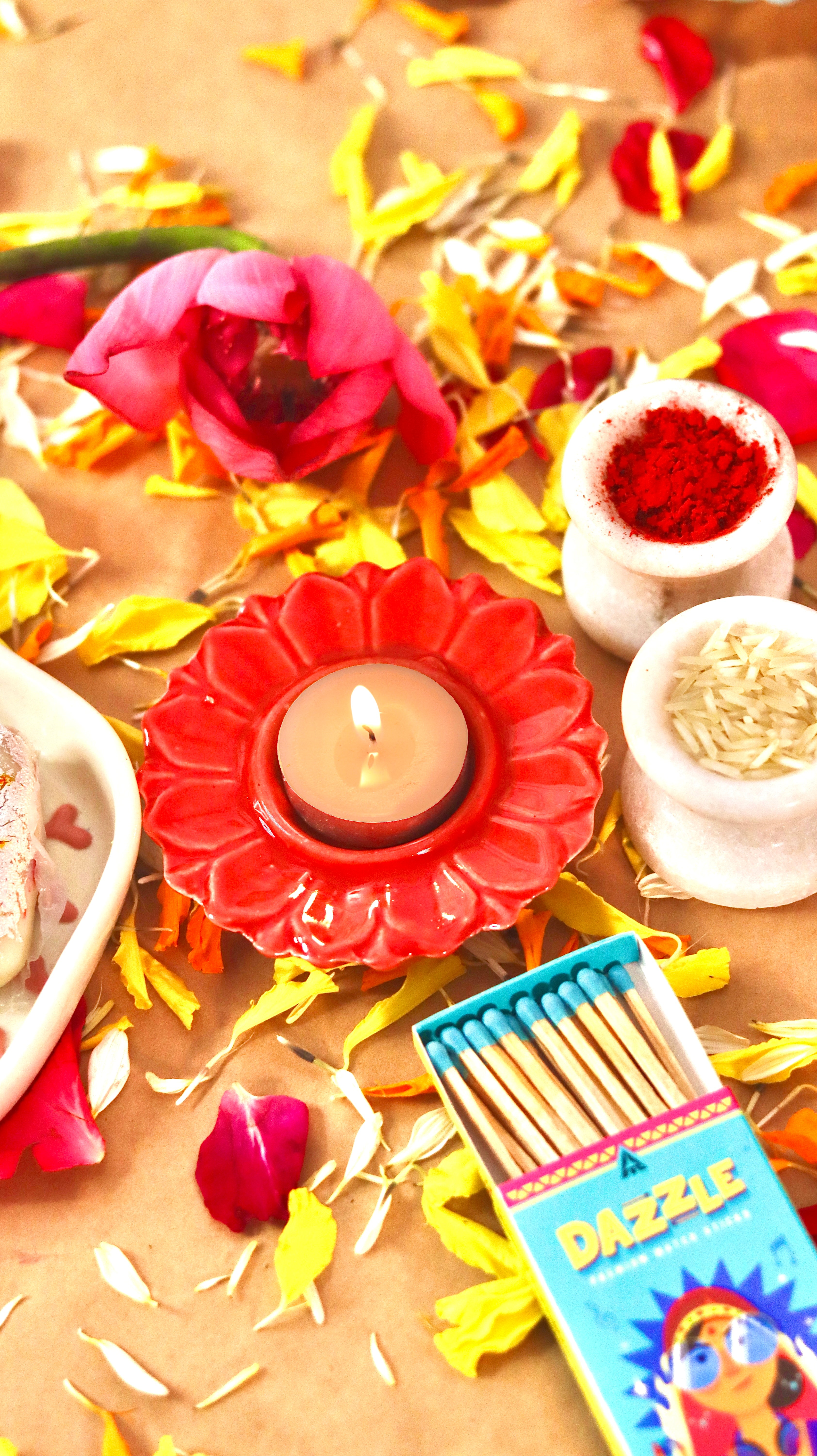 Bloomika flower-shaped T-light candle holder /diyas in vibrant festive colors by KLAEORA