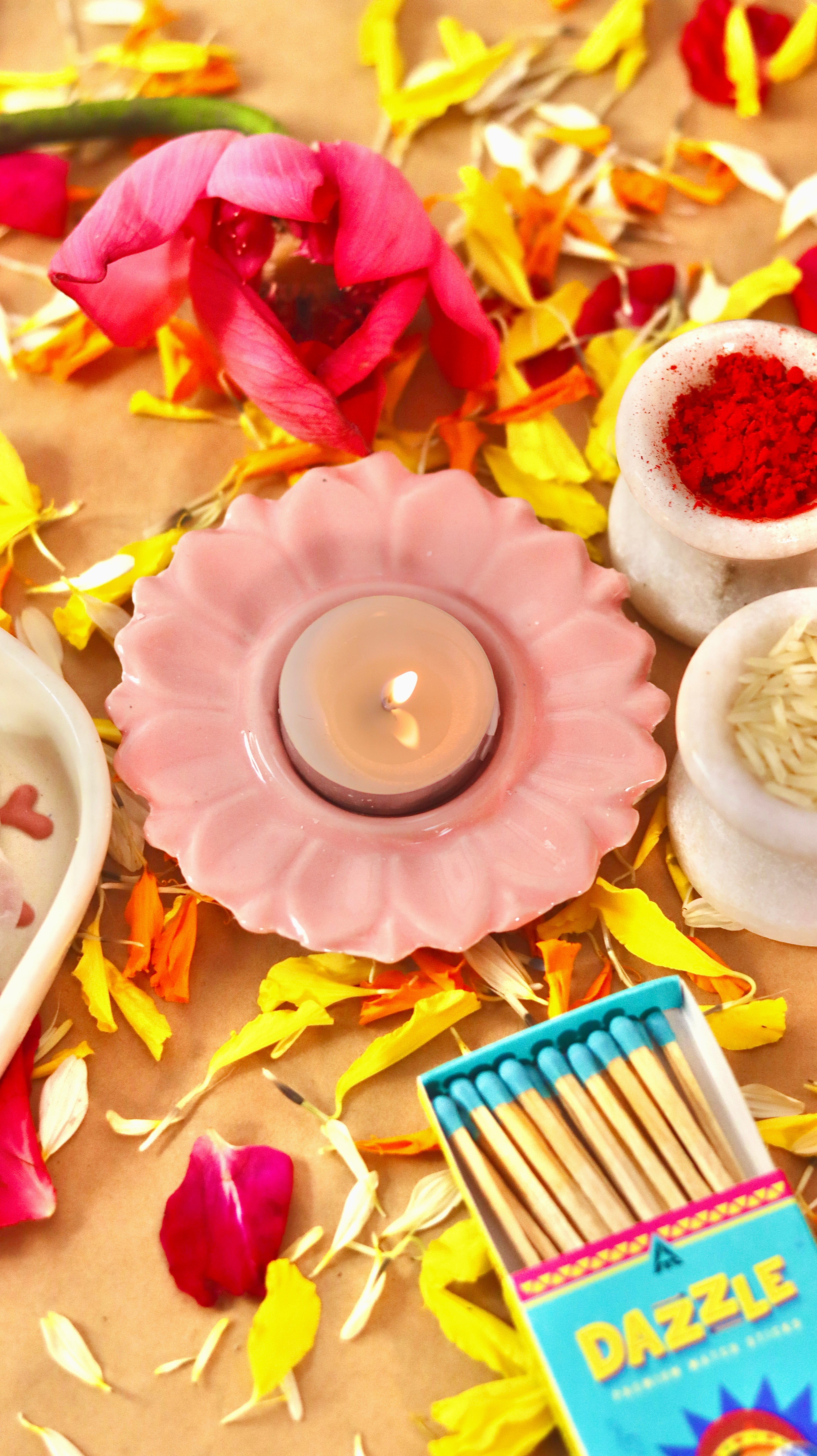 Bloomika flower-shaped T-light candle holder /diyas in vibrant festive colors by KLAEORA