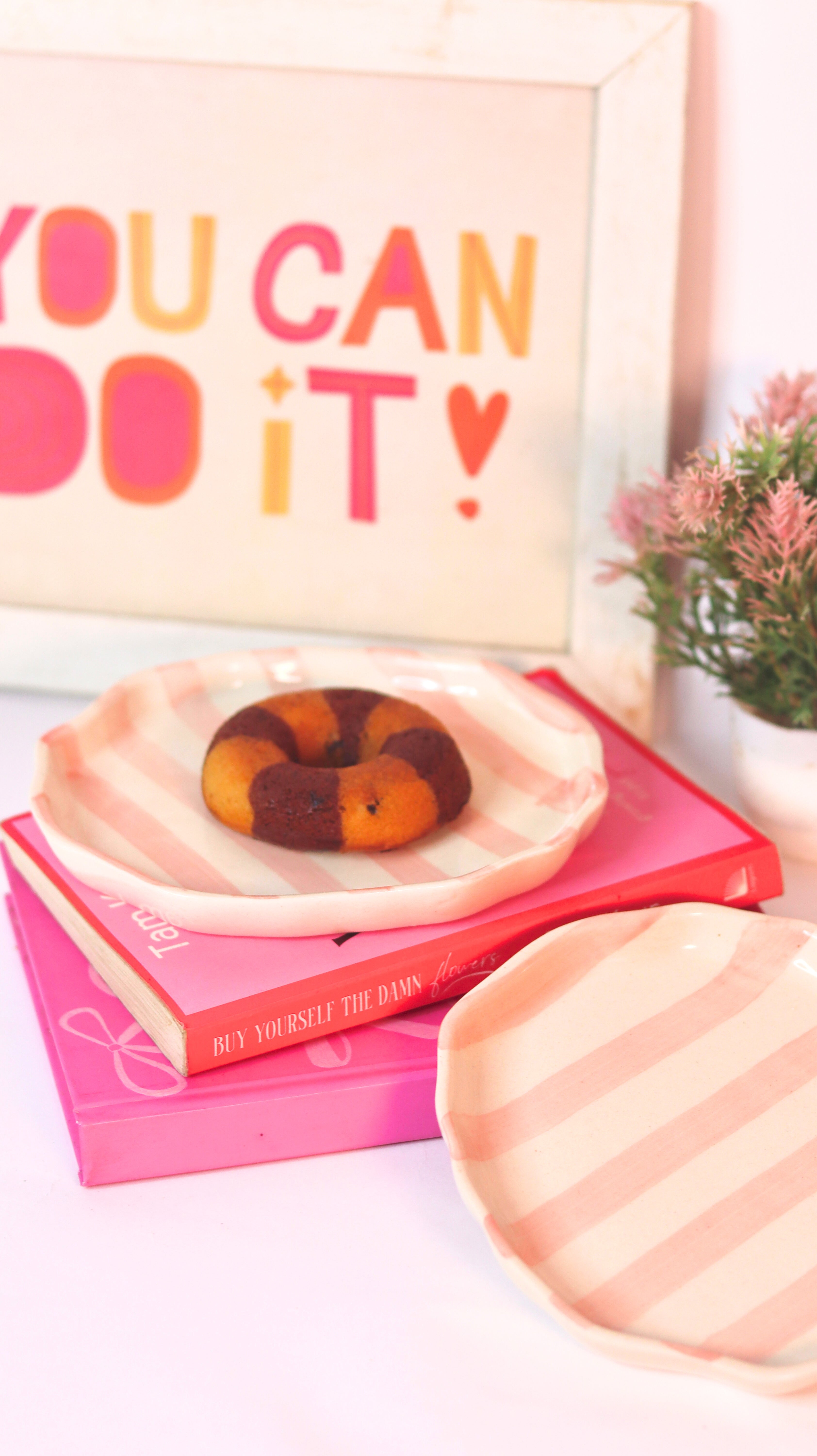 Blush Strip Cookie Plate by KLAEORA – hand-painted ceramic dessert plate with soft pink strip pattern