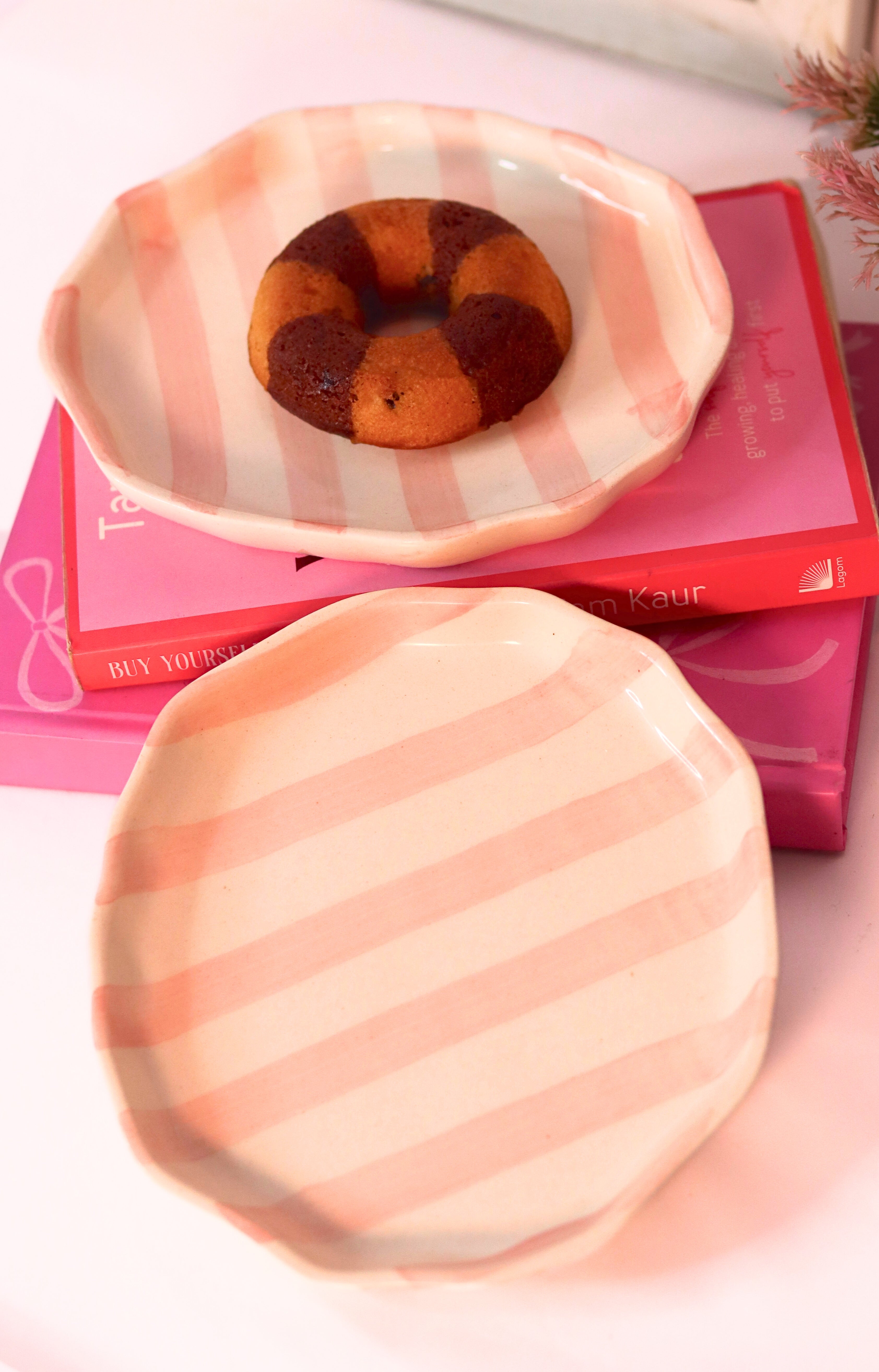 Blush Strip Cookie Plate by KLAEORA – hand-painted ceramic dessert plate with soft pink strip pattern