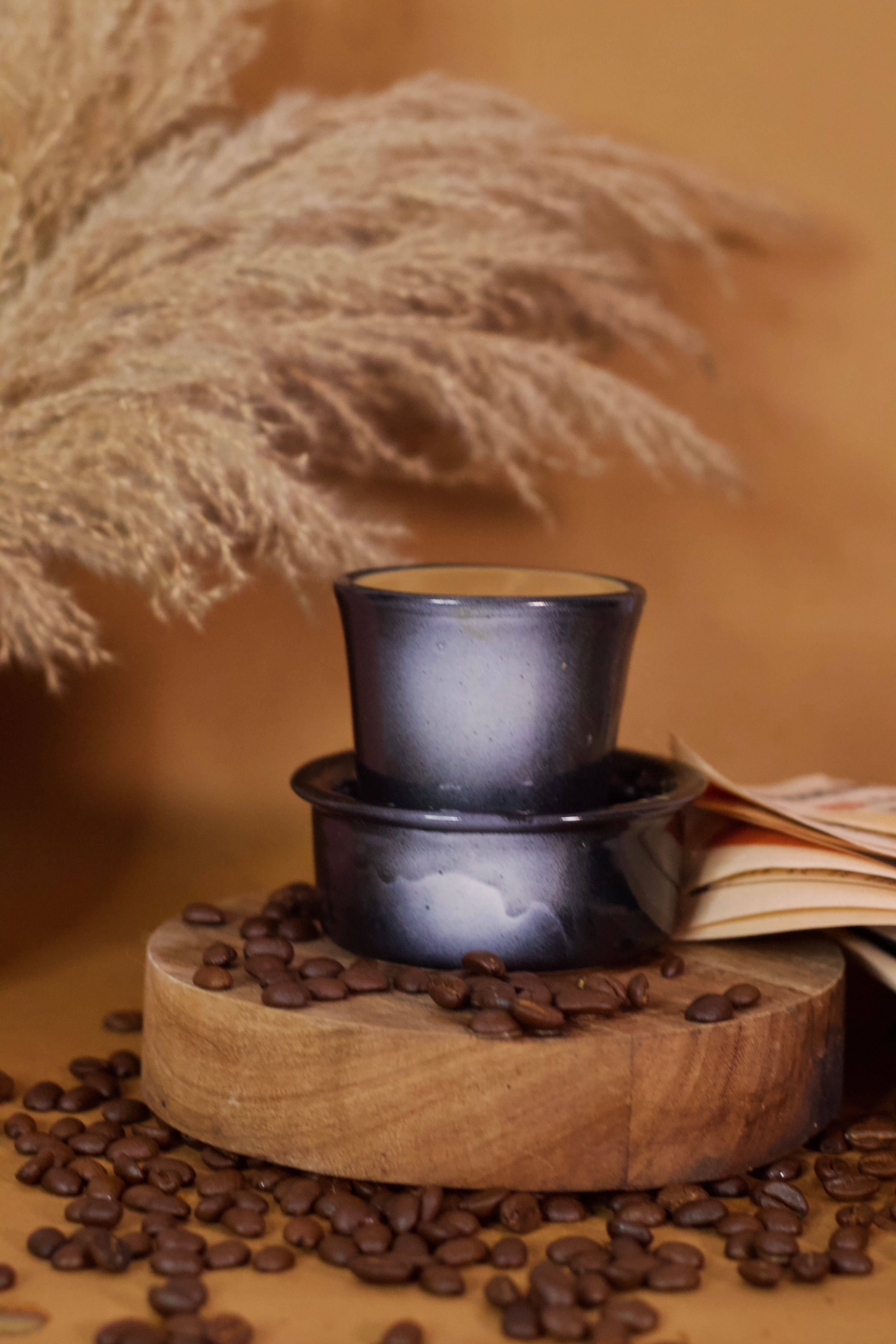 Black Dabara Kaapi-ya ceramic South Indian filter coffee set by KLAEORA