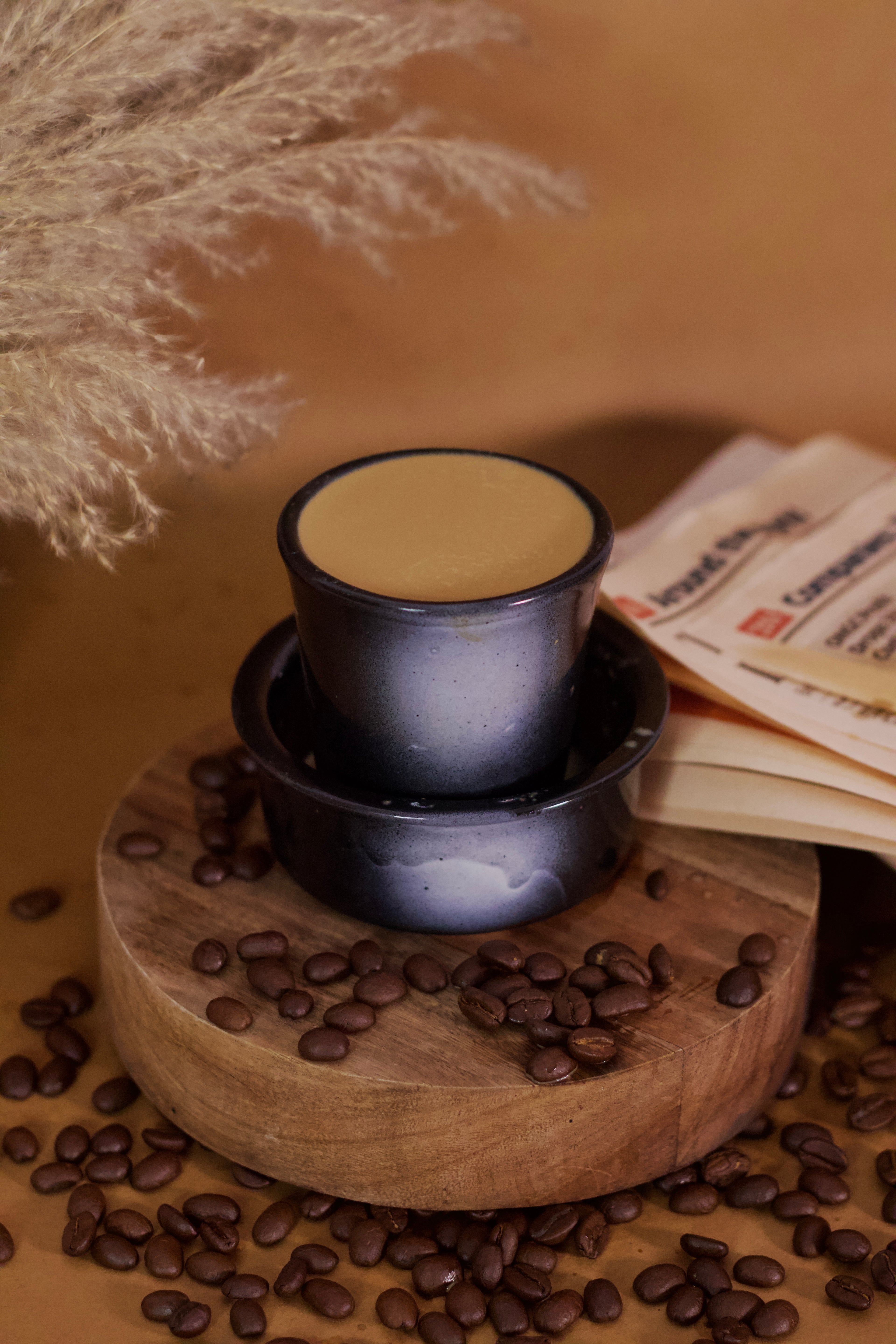 Black Dabara Kaapi-ya ceramic South Indian filter coffee set by KLAEORA