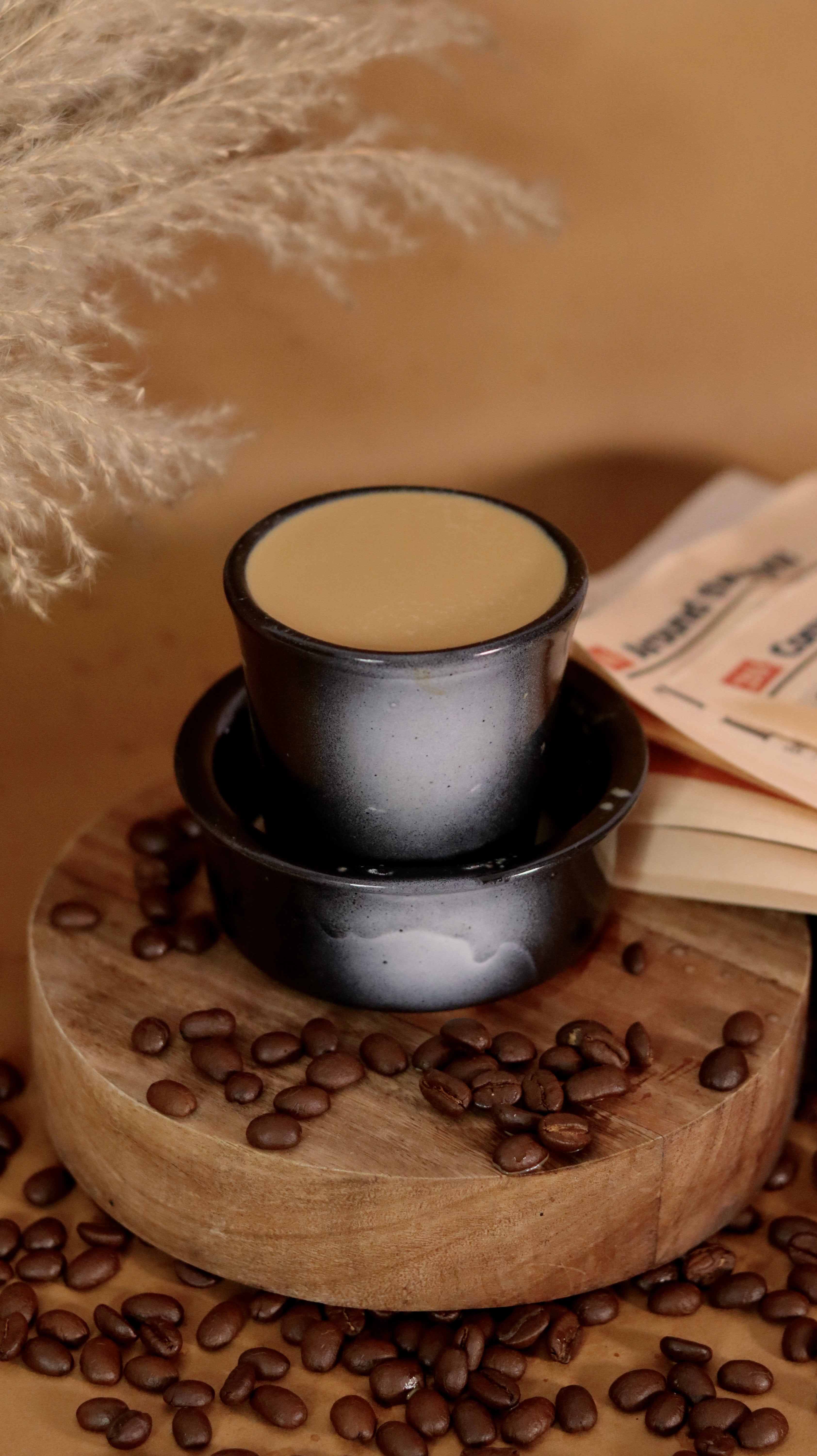 Black Dabara Kaapi-ya ceramic South Indian filter coffee set by KLAEORA