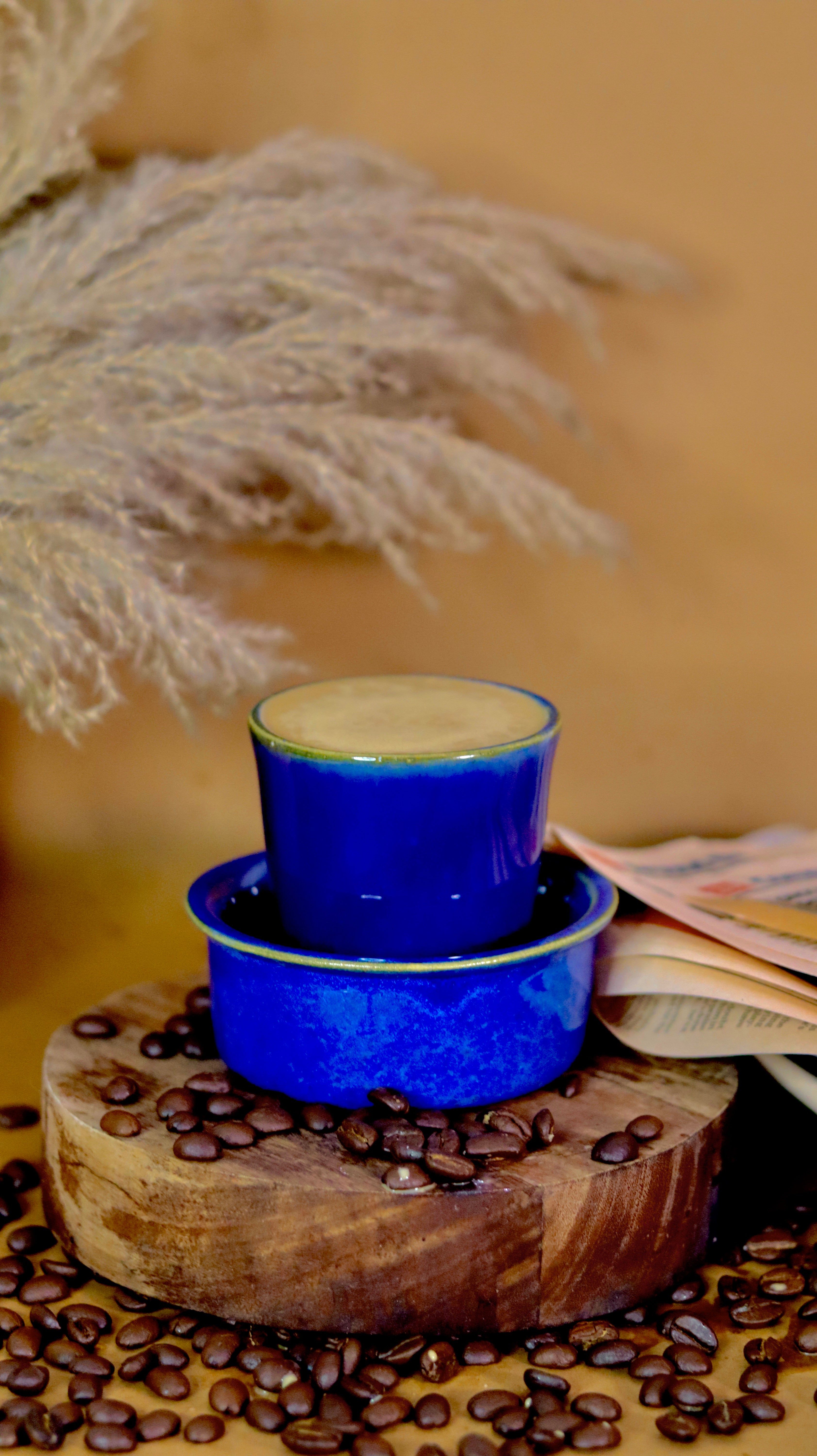 Blue Dabara Kaapi-ya ceramic South Indian filter coffee set by KLAEORA