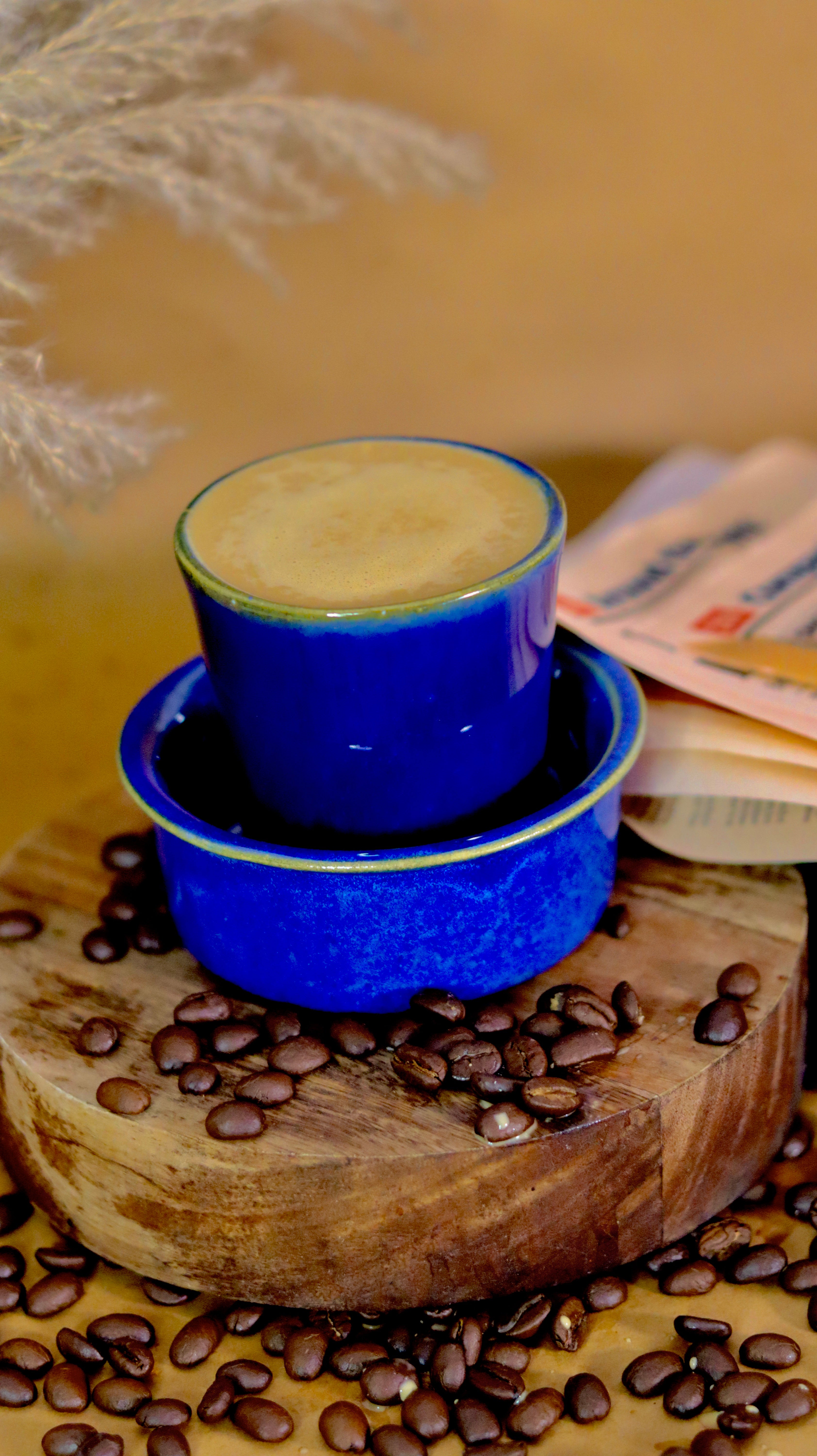 Blue Dabara Kaapi-ya ceramic South Indian filter coffee set by KLAEORA