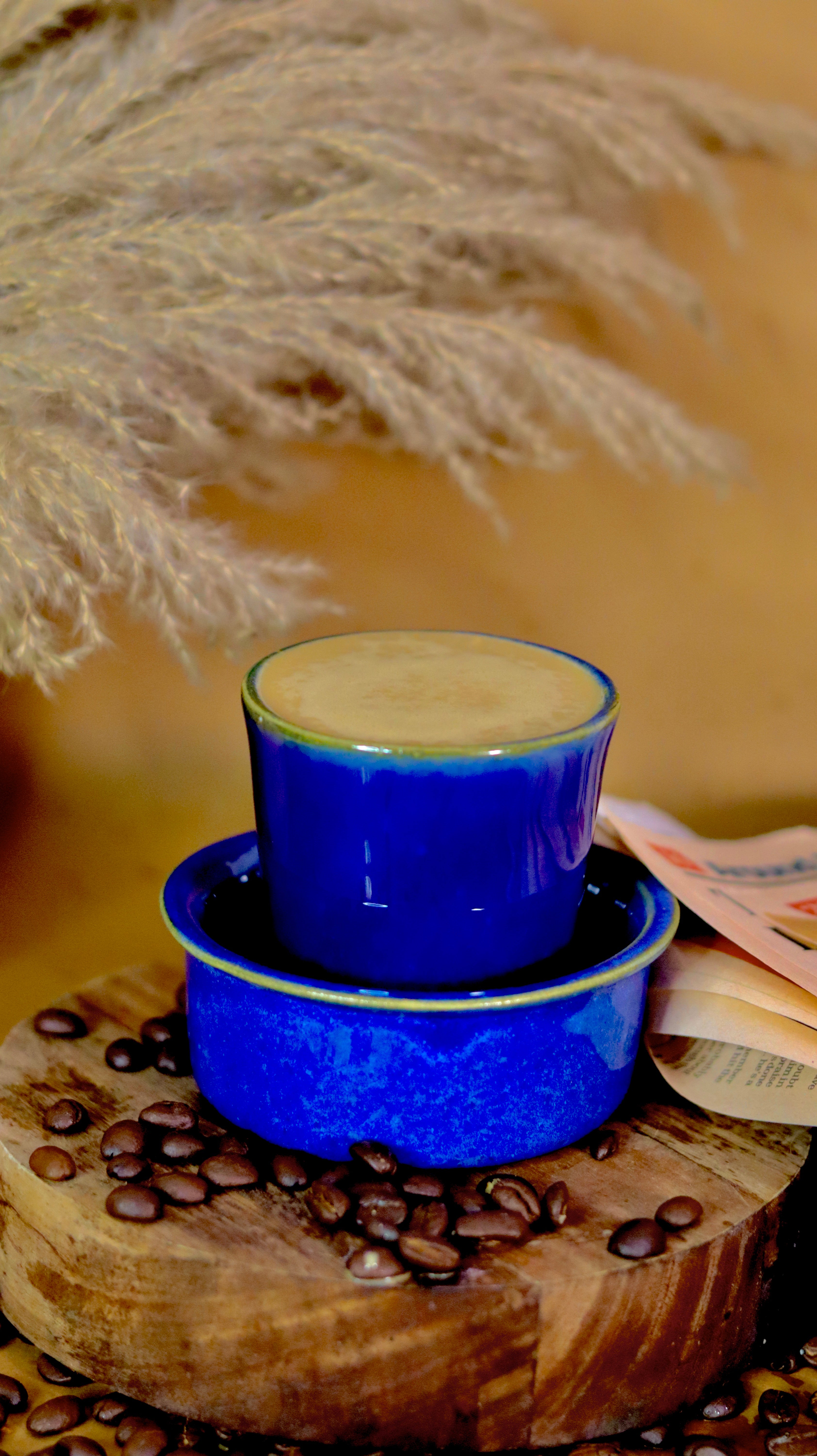 Blue Dabara Kaapi-ya ceramic South Indian filter coffee set by KLAEORA