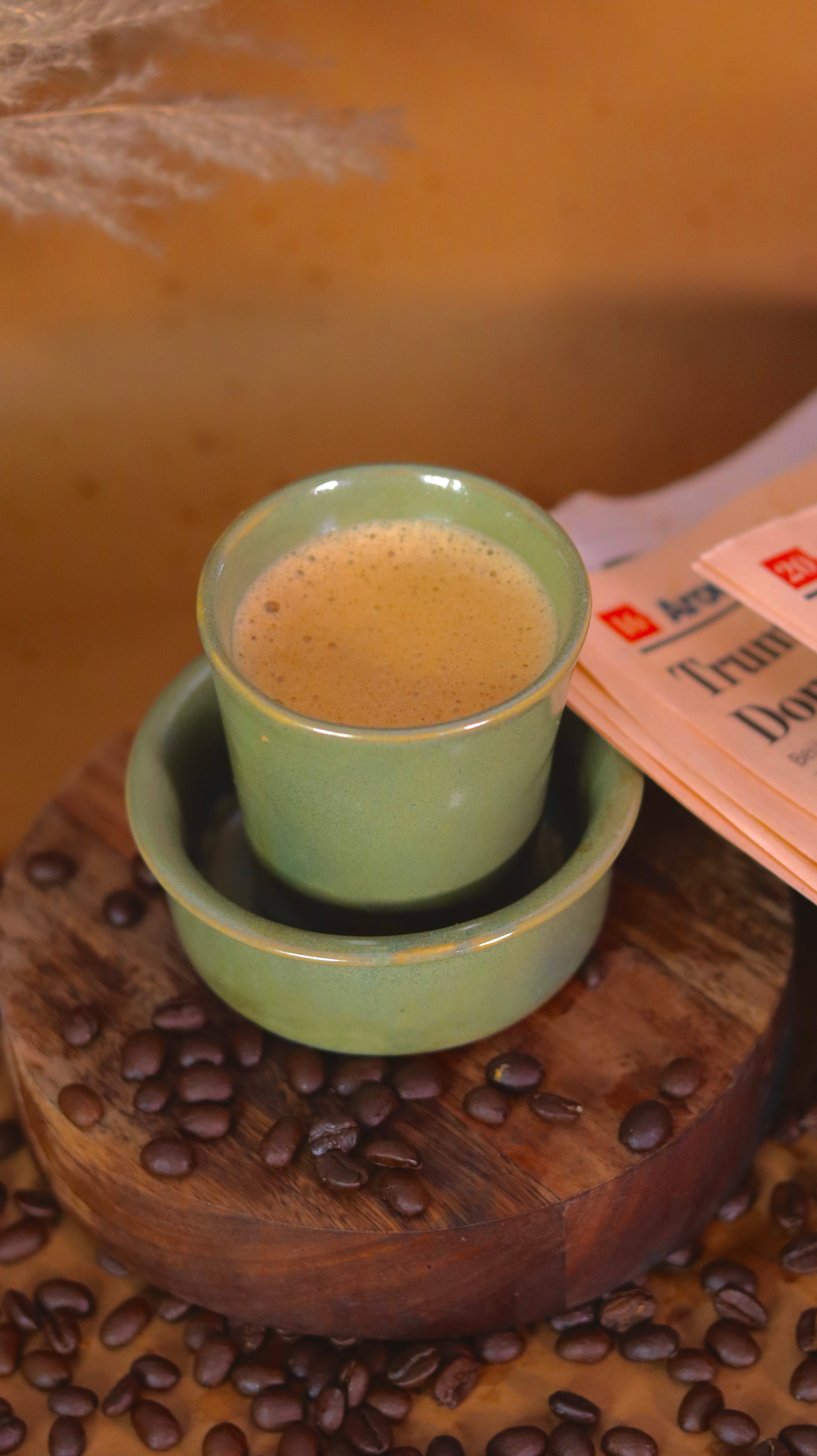 Green Dabara Kaapi-ya ceramic South Indian filter coffee set by KLAEORA
