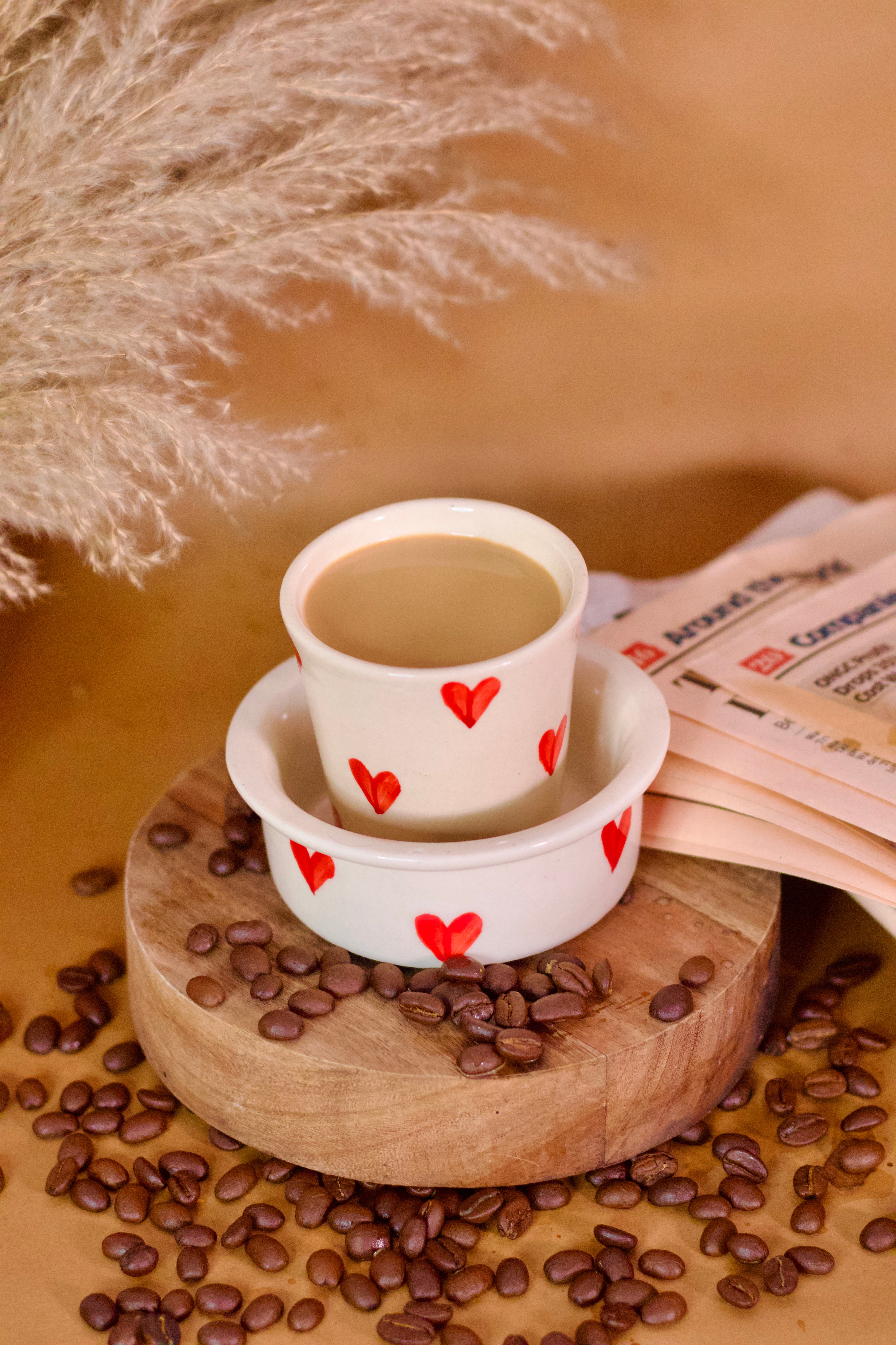 Heart design Dabara Kaapi-ya ceramic South Indian filter coffee set by KLAEORA