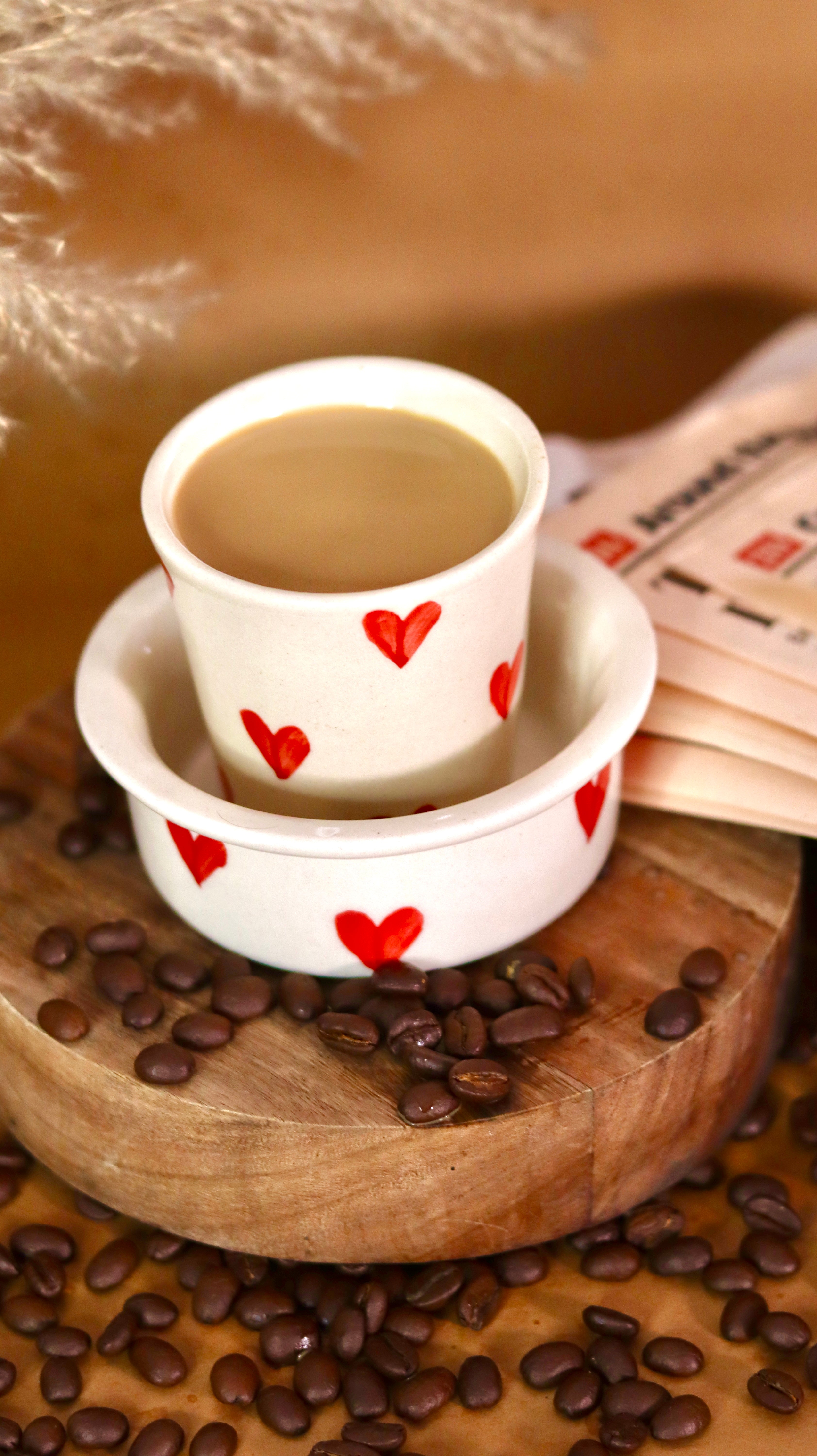 Heart design Dabara Kaapi-ya ceramic South Indian filter coffee set by KLAEORA