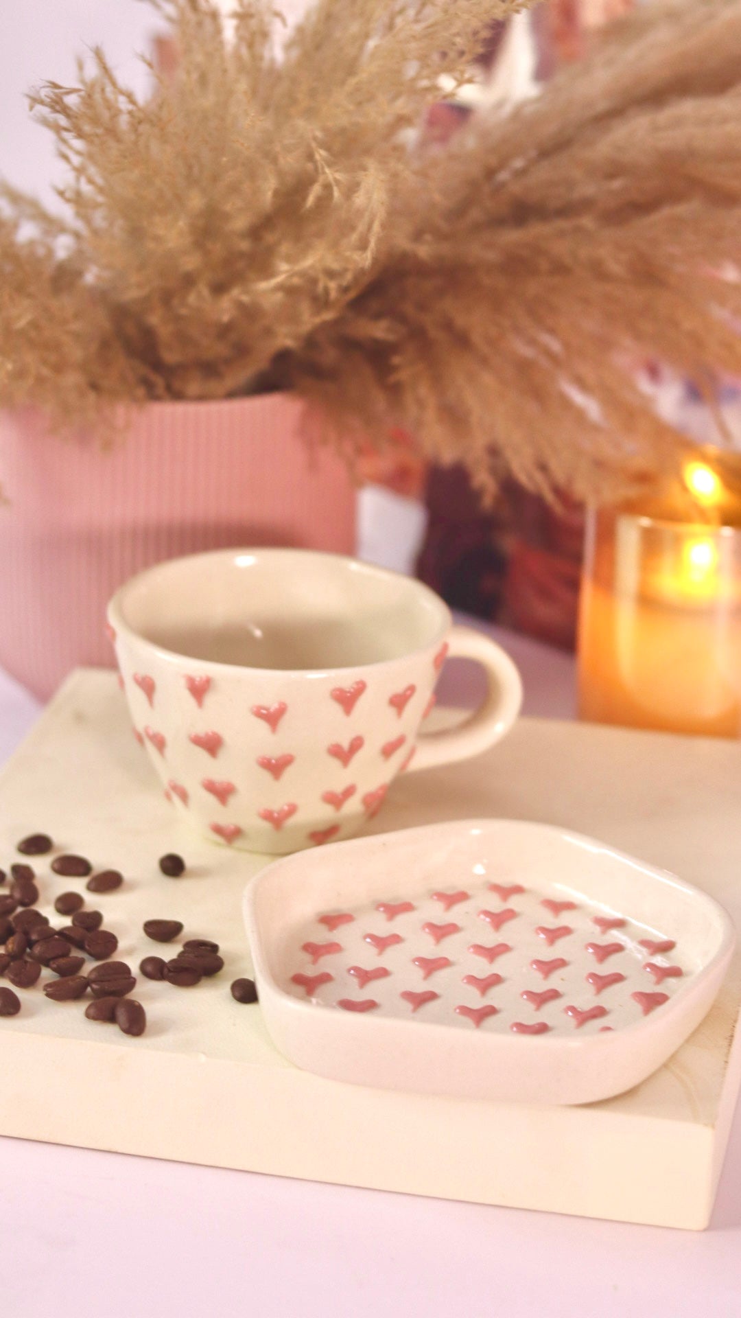 Darling Cup and Saucer set with embossed pink heart design by KLAEORA