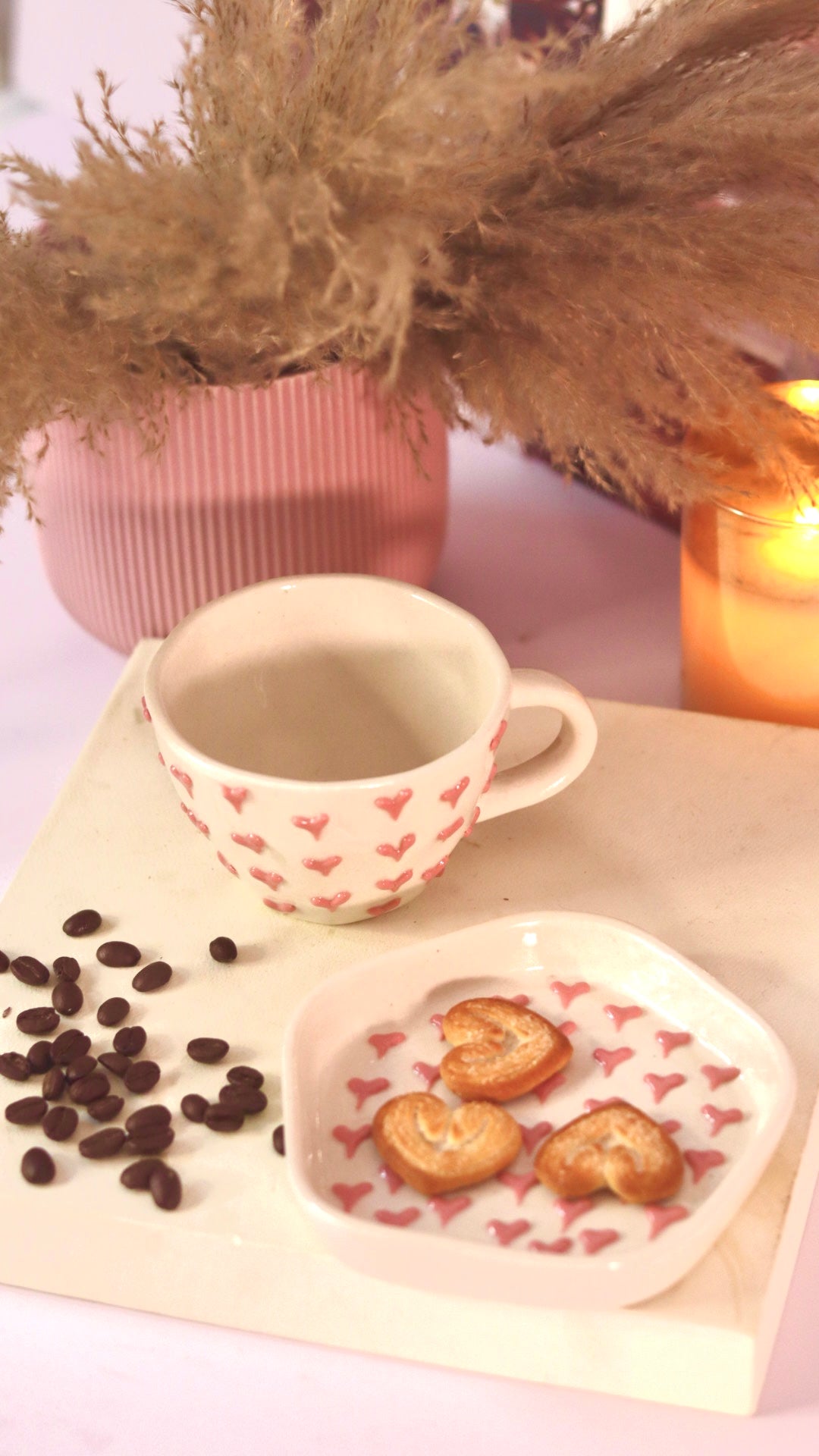 Darling Cup and Saucer set with embossed pink heart design by KLAEORA