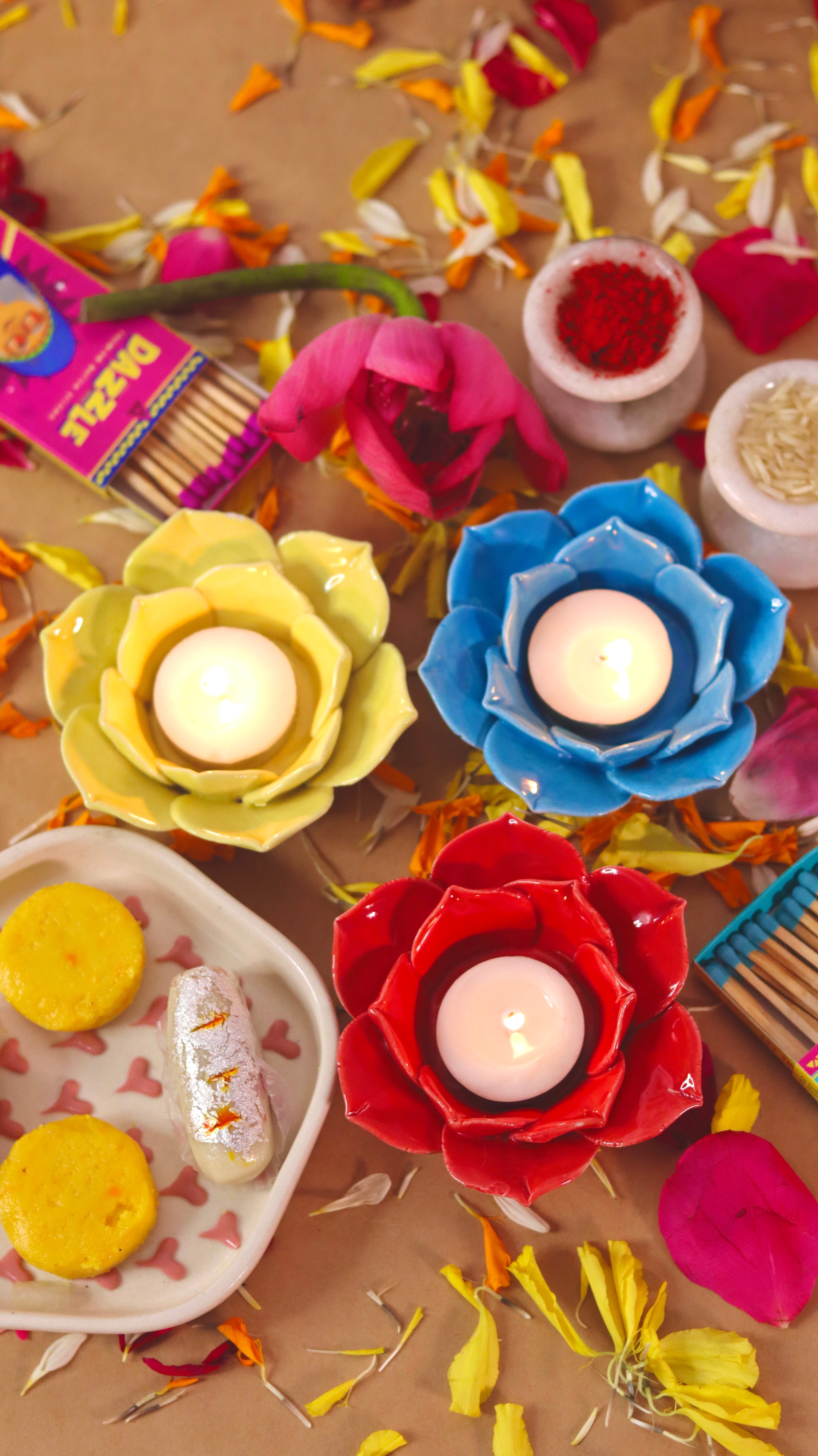 Florika flower-shaped T-light candle /diyas holder handcrafted in bright festive colors by KLAEORA