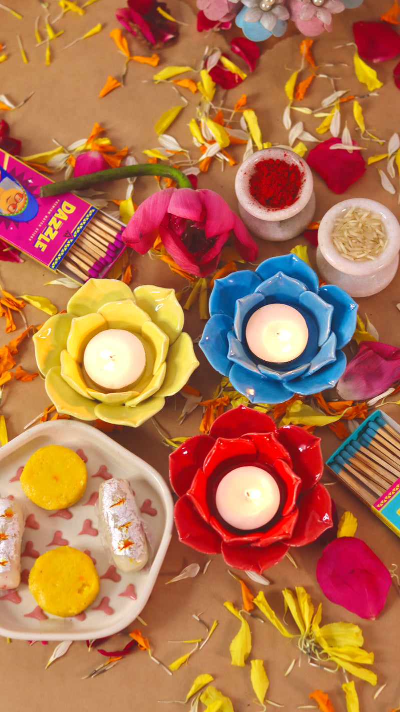 Florika flower-shaped T-light candle /diyas holder handcrafted in bright festive colors by KLAEORA