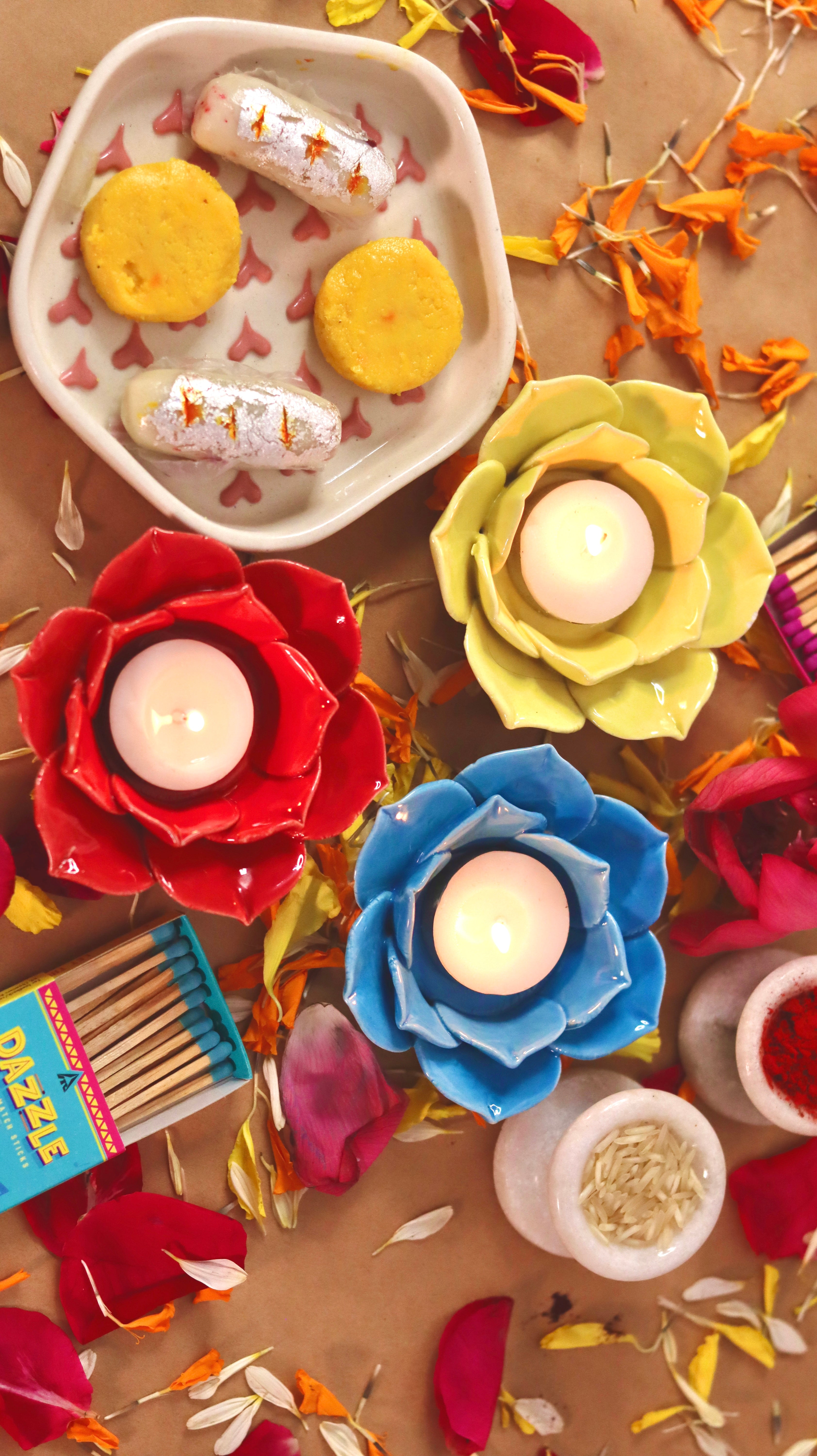 Florika flower-shaped T-light candle /diyas holder handcrafted in bright festive colors by KLAEORA
