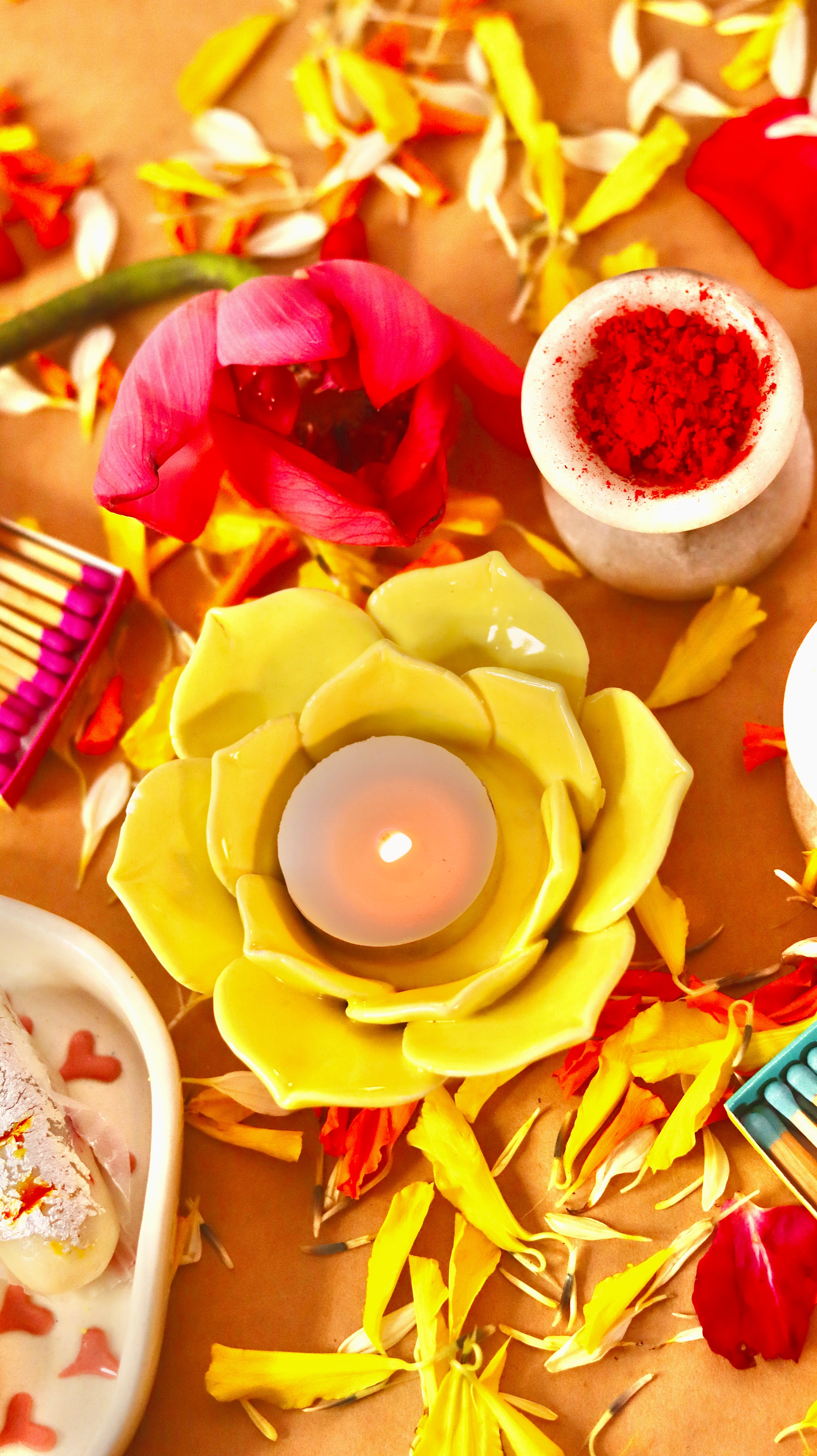 Florika flower-shaped T-light candle /diyas holder handcrafted in bright festive colors by KLAEORA