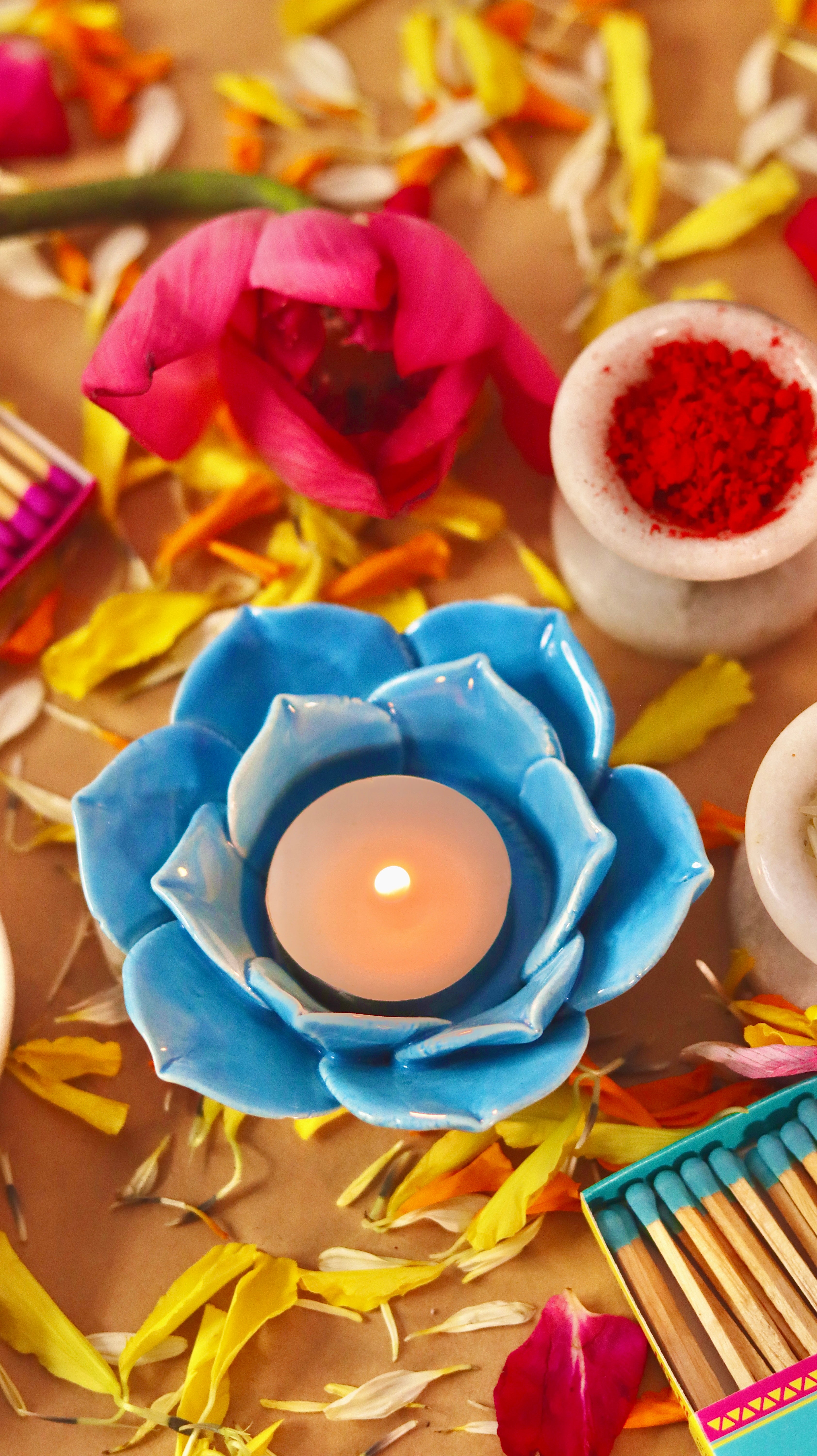 Florika flower-shaped T-light candle /diyas holder handcrafted in bright festive colors by KLAEORA