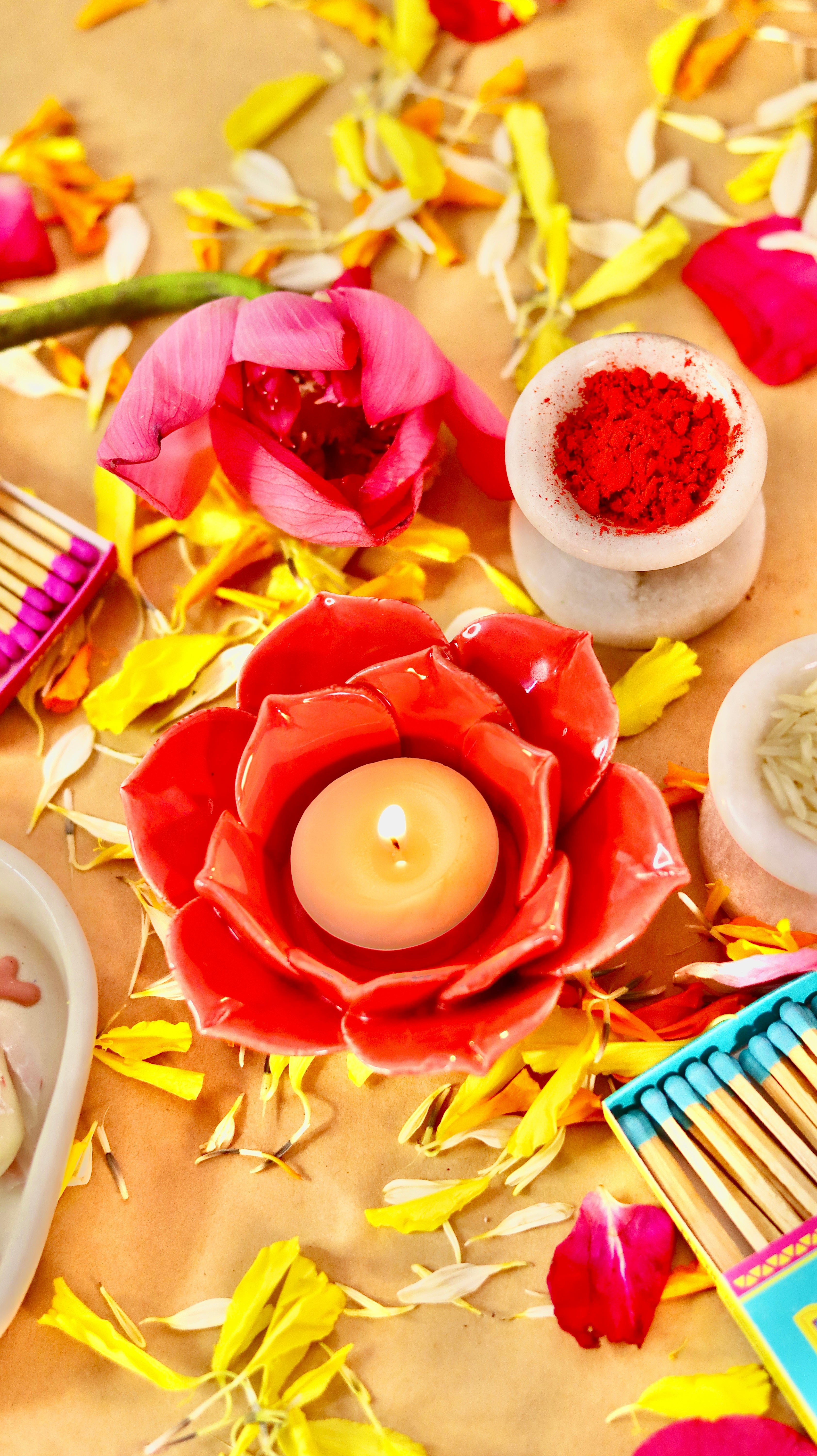 Florika flower-shaped T-light candle holder /diyas handcrafted in bright festive colors by KLAEORA