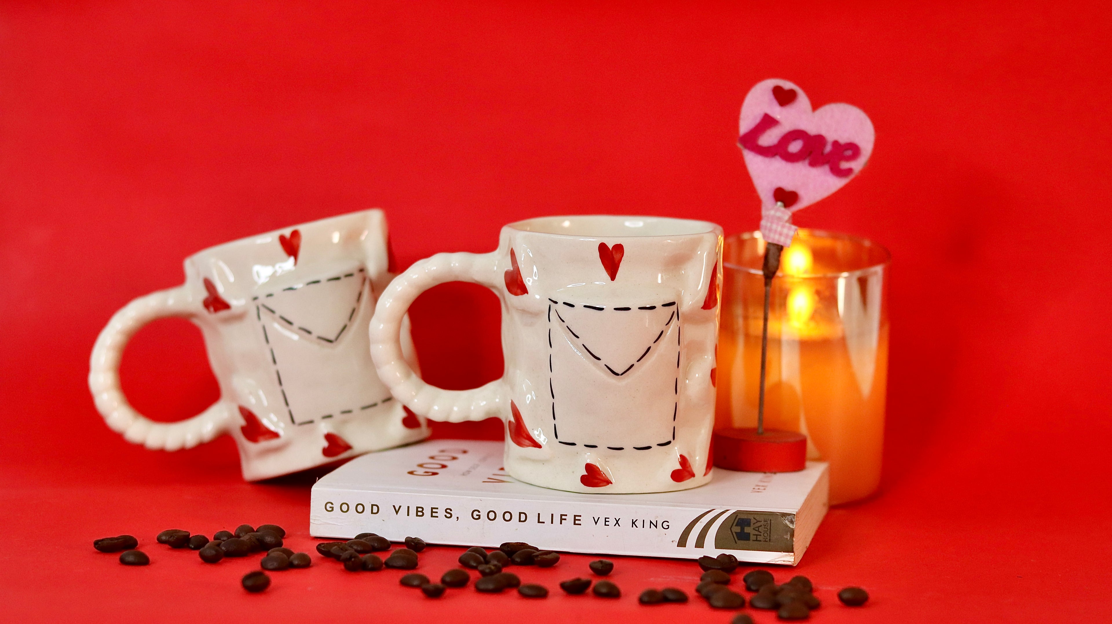 Letter of Love ceramic mug with red heart and envelope design by KLAEORA
