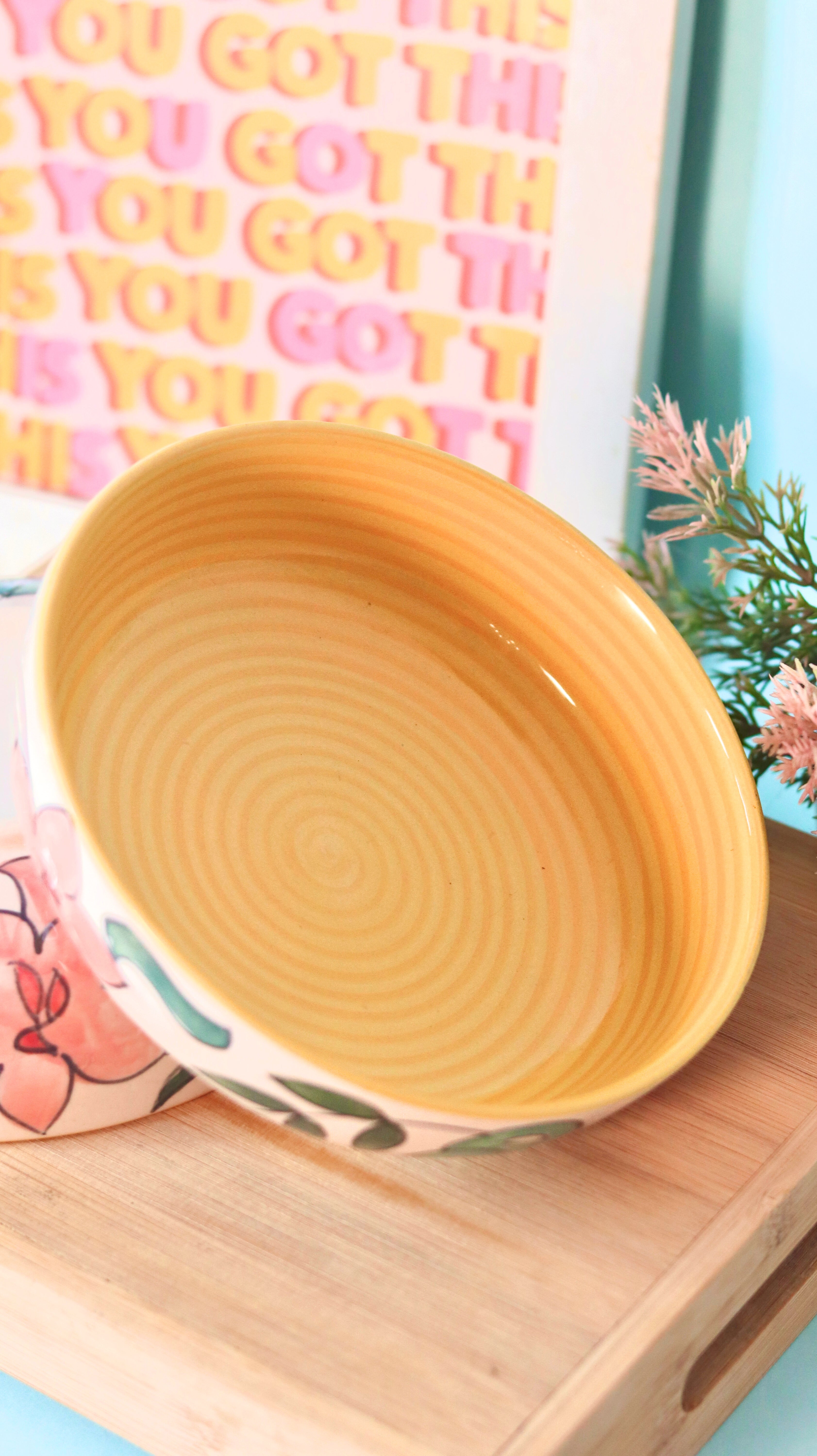 Tropicana Bloom Bowl by KLAEORA – hand-painted ceramic bowl with floral and leaf design in orange and tropical tones