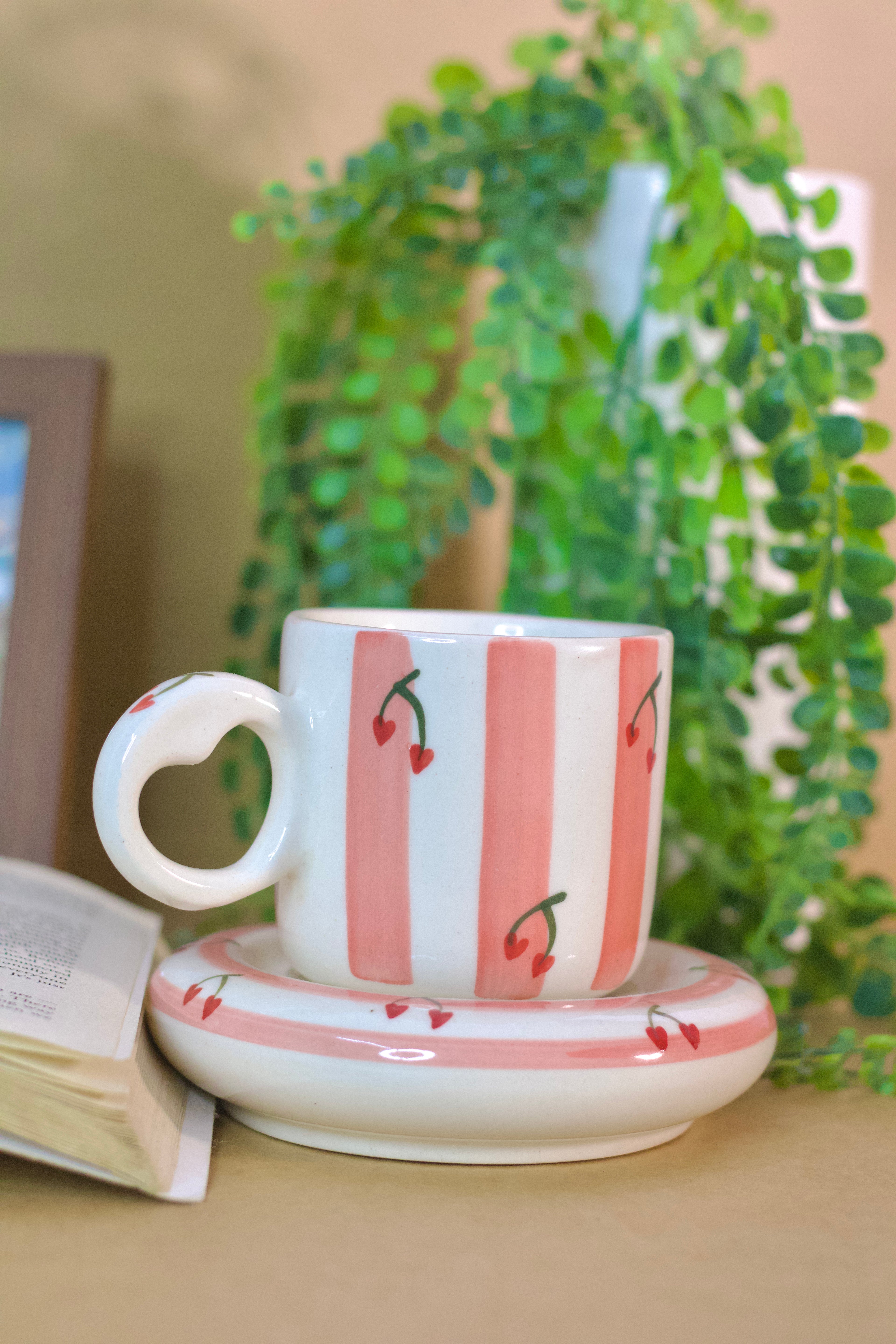 Cherry Stripe Coffee Cup & Saucer Set