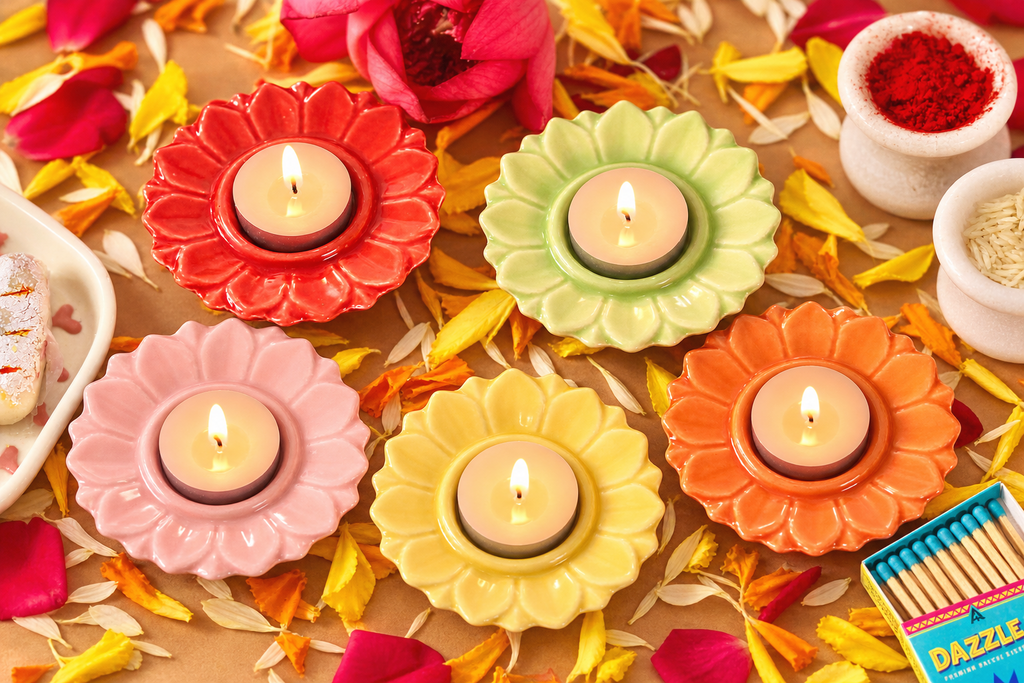 Bloomika Ceramic Diya / Tealight Holder Set of 5 – Diwali edit