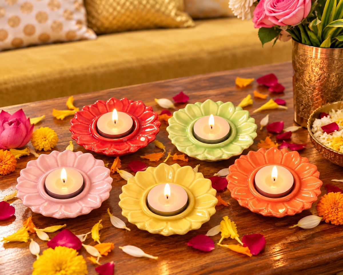 Bloomika Ceramic Diya / Tealight Holder Set of 5 – Diwali edit