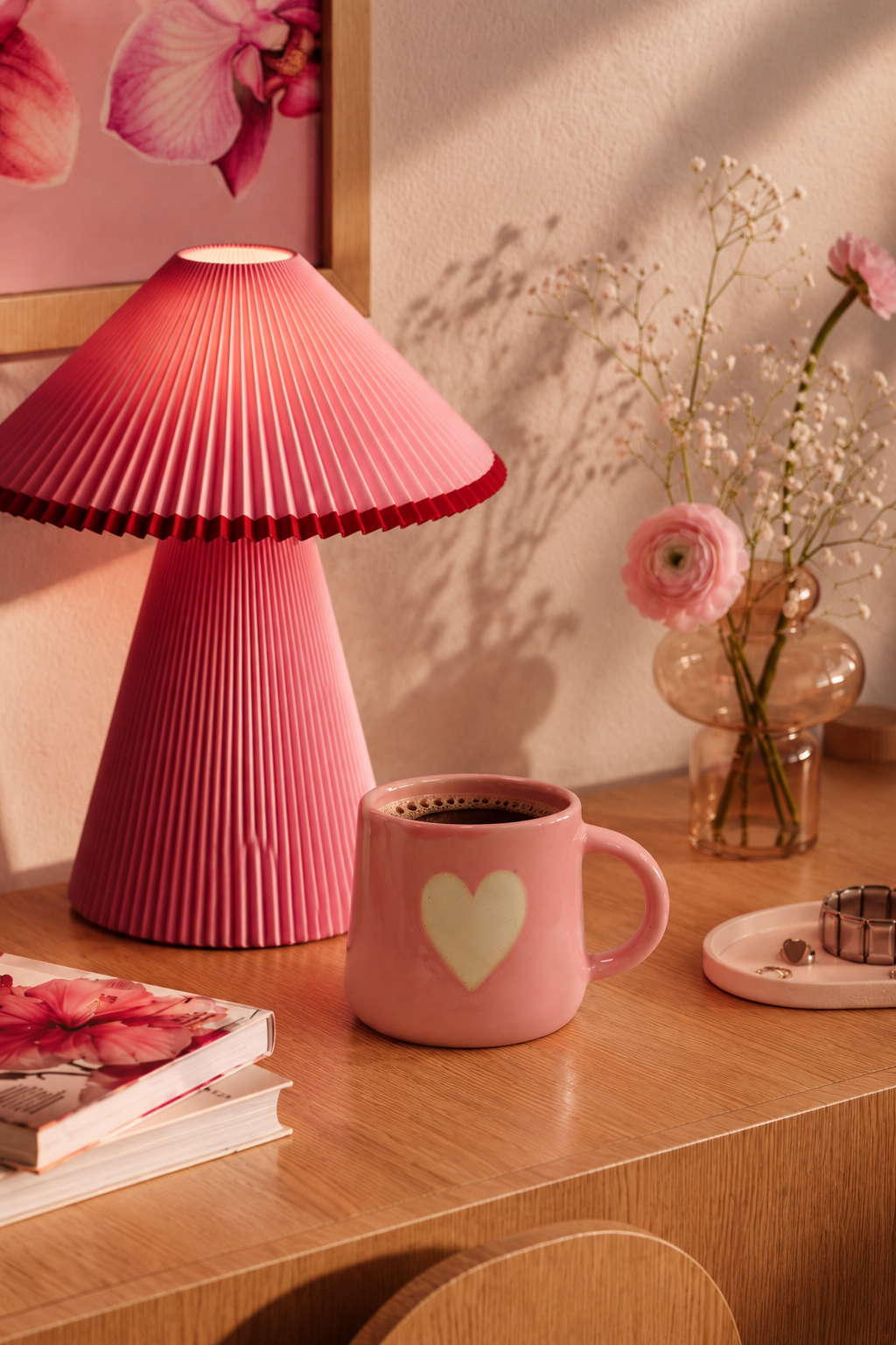 pink mug with a pale white heart