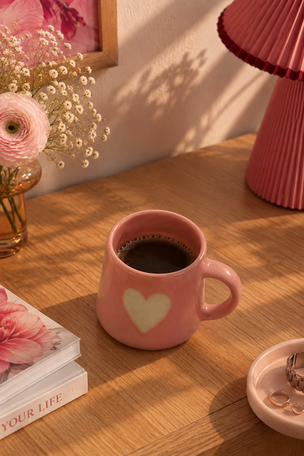 A pink ceramic mug with a cream heart on the front