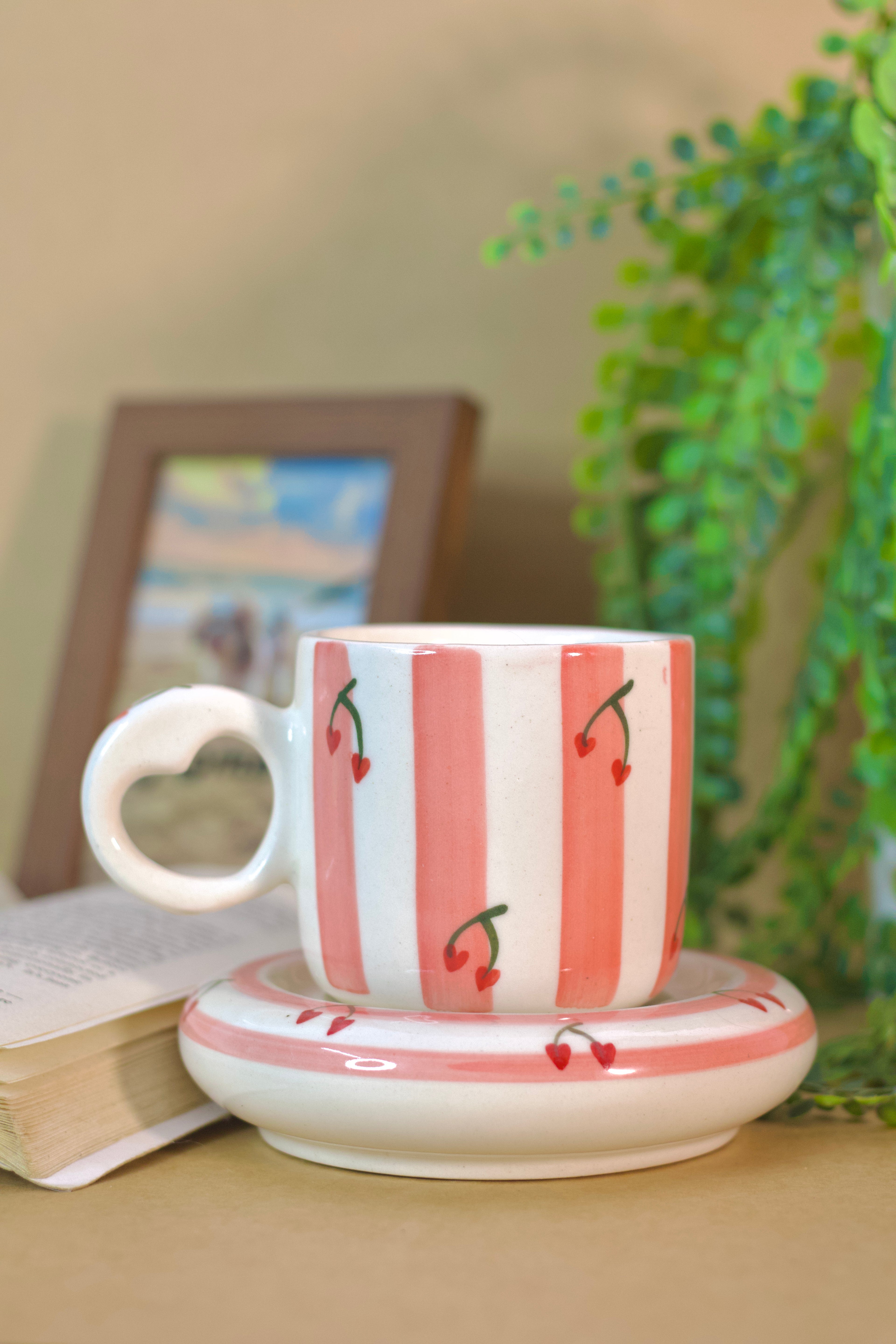 Cherry Stripe Coffee Cup & Saucer Set