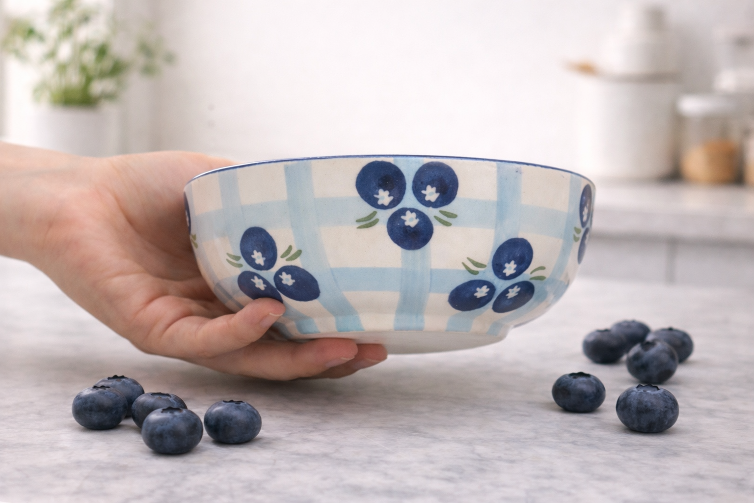 Blueberry Check Ceramic Snack Bowl