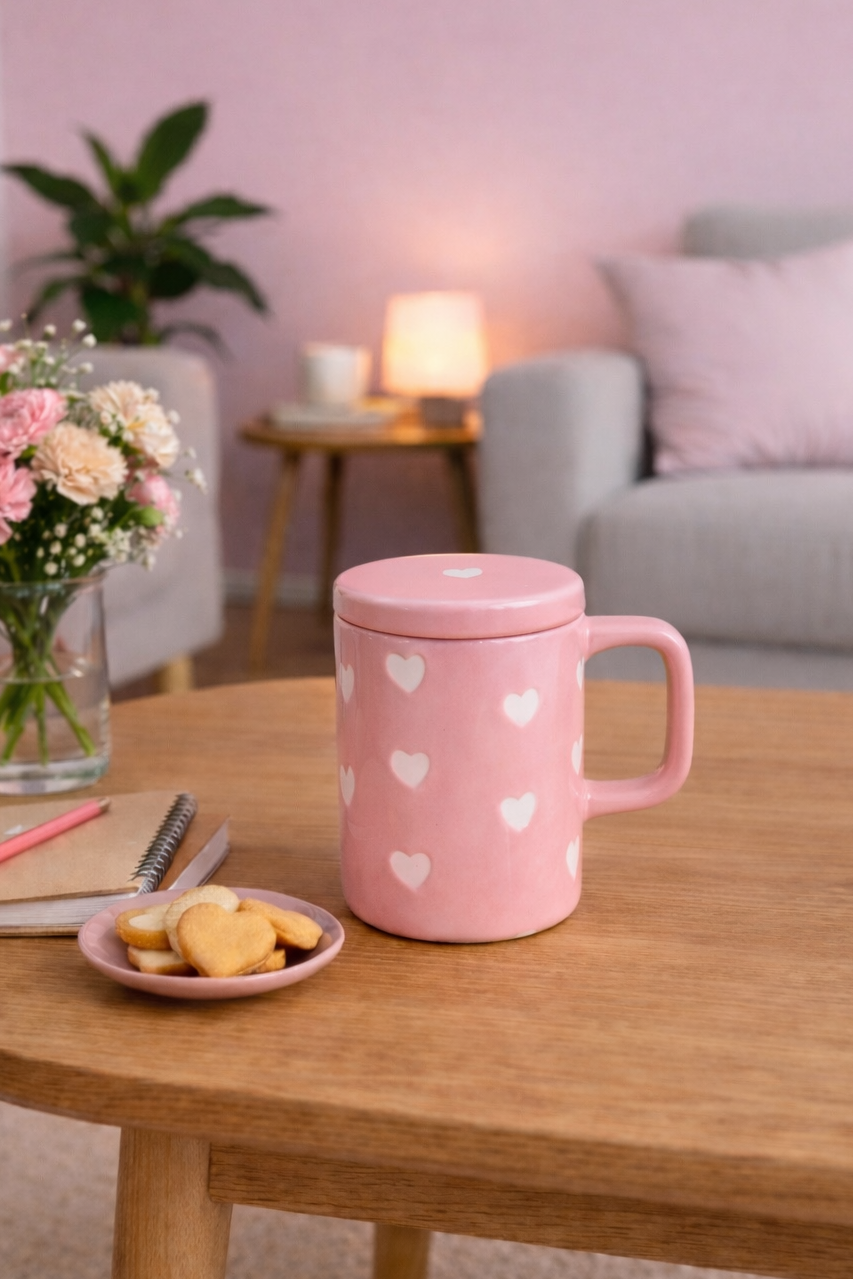 Pink heart mug with lid