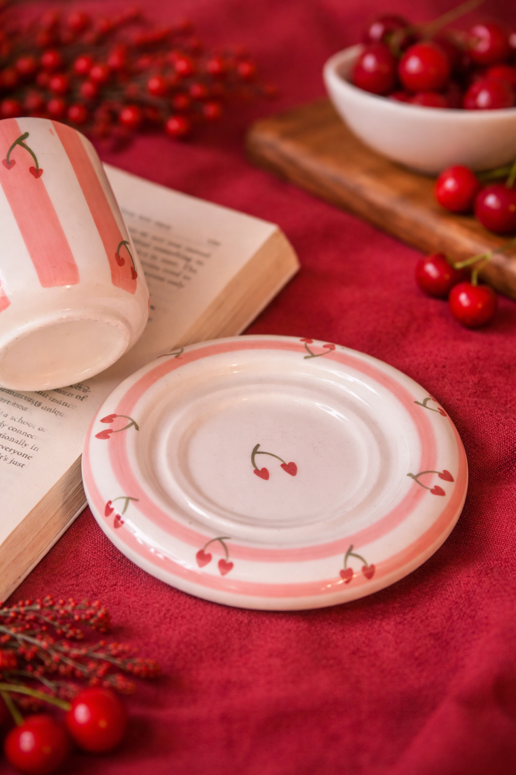 Cherry Stripe Coffee Cup & Saucer Set