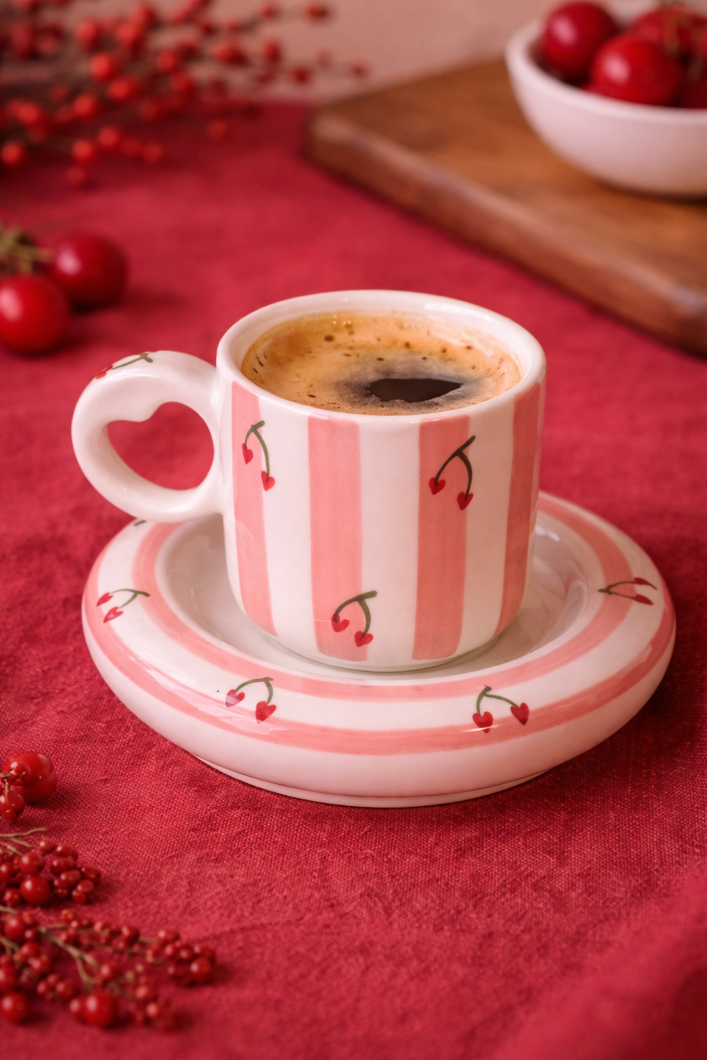Cherry Stripe Coffee Cup & Saucer Set