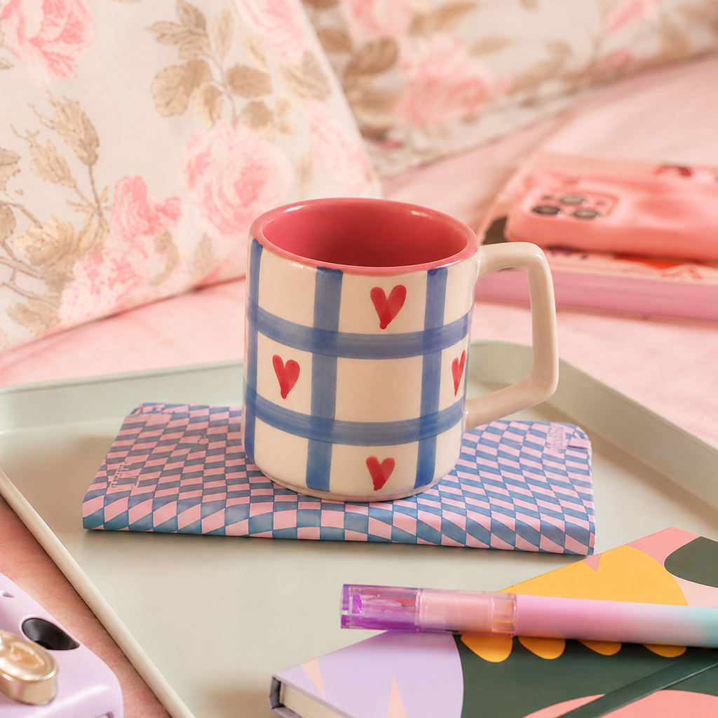 Blue Check Heart Coffee Mug