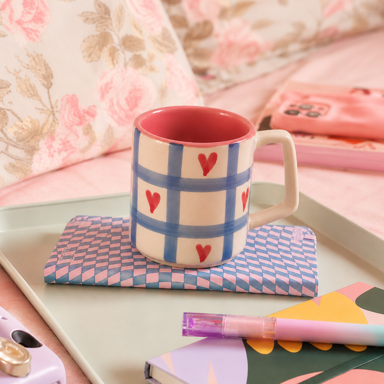 Blue Check Heart Coffee Mug