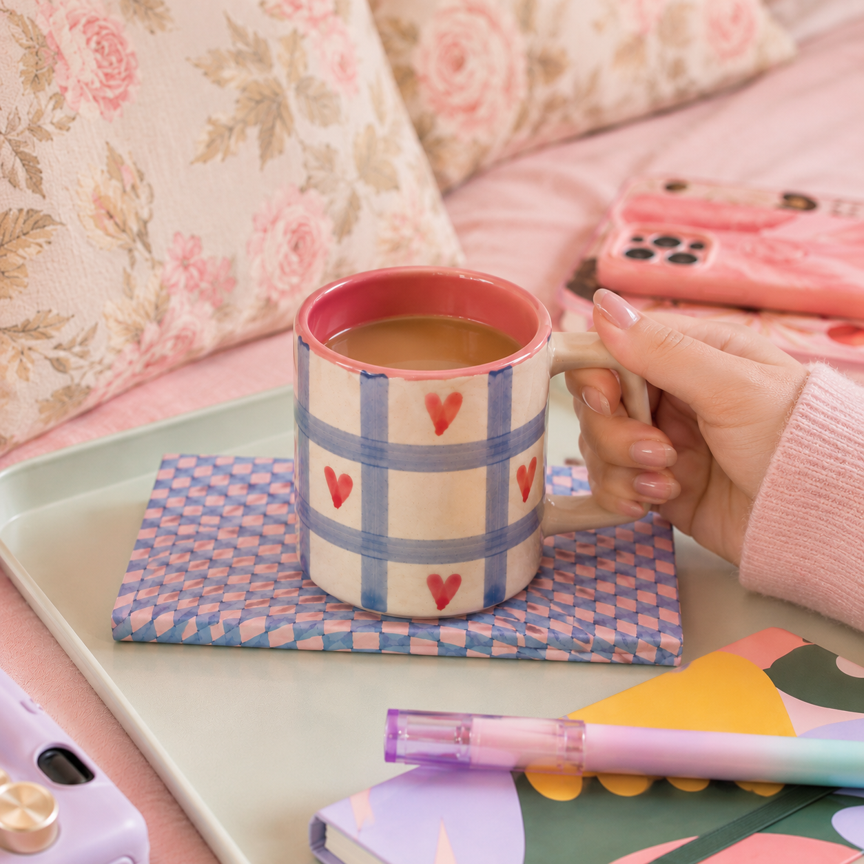 Blue Check Heart Coffee Mug