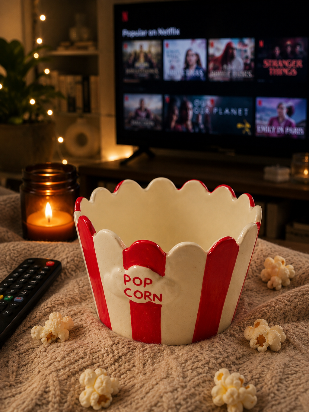 Popcorn Bowl Ceramic Snack Bowl - Movie Night edition