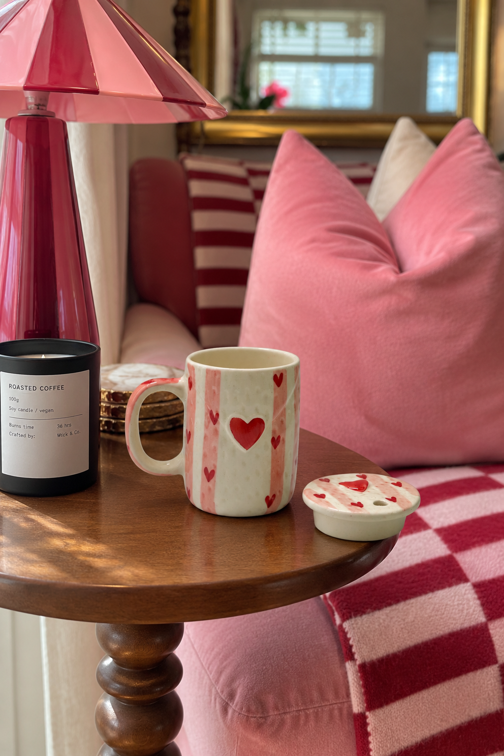 Heart & Pink Stripe Ceramic Sipper Mug