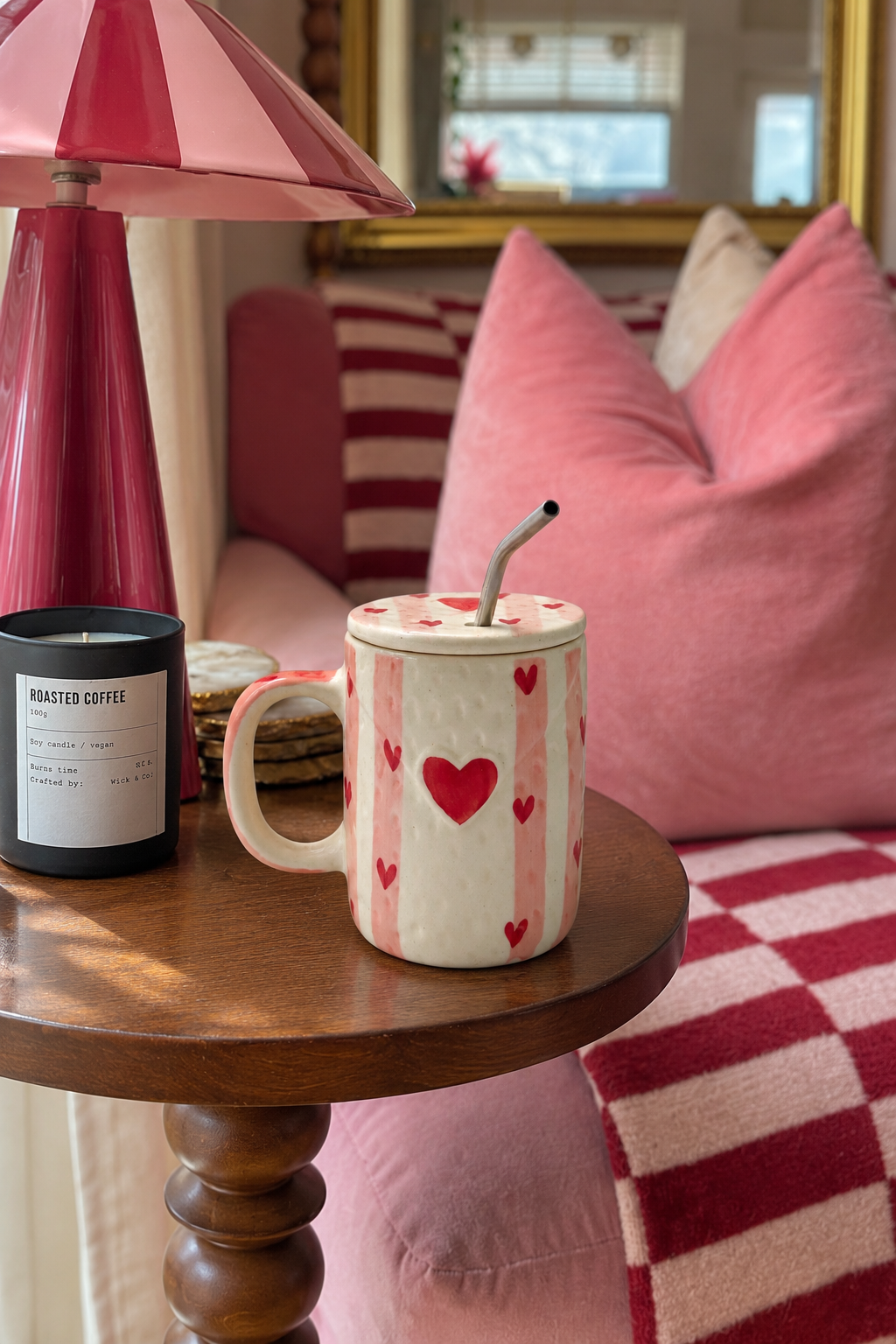 A cream ceramic sipper with pink vertical stripes and red hearts 