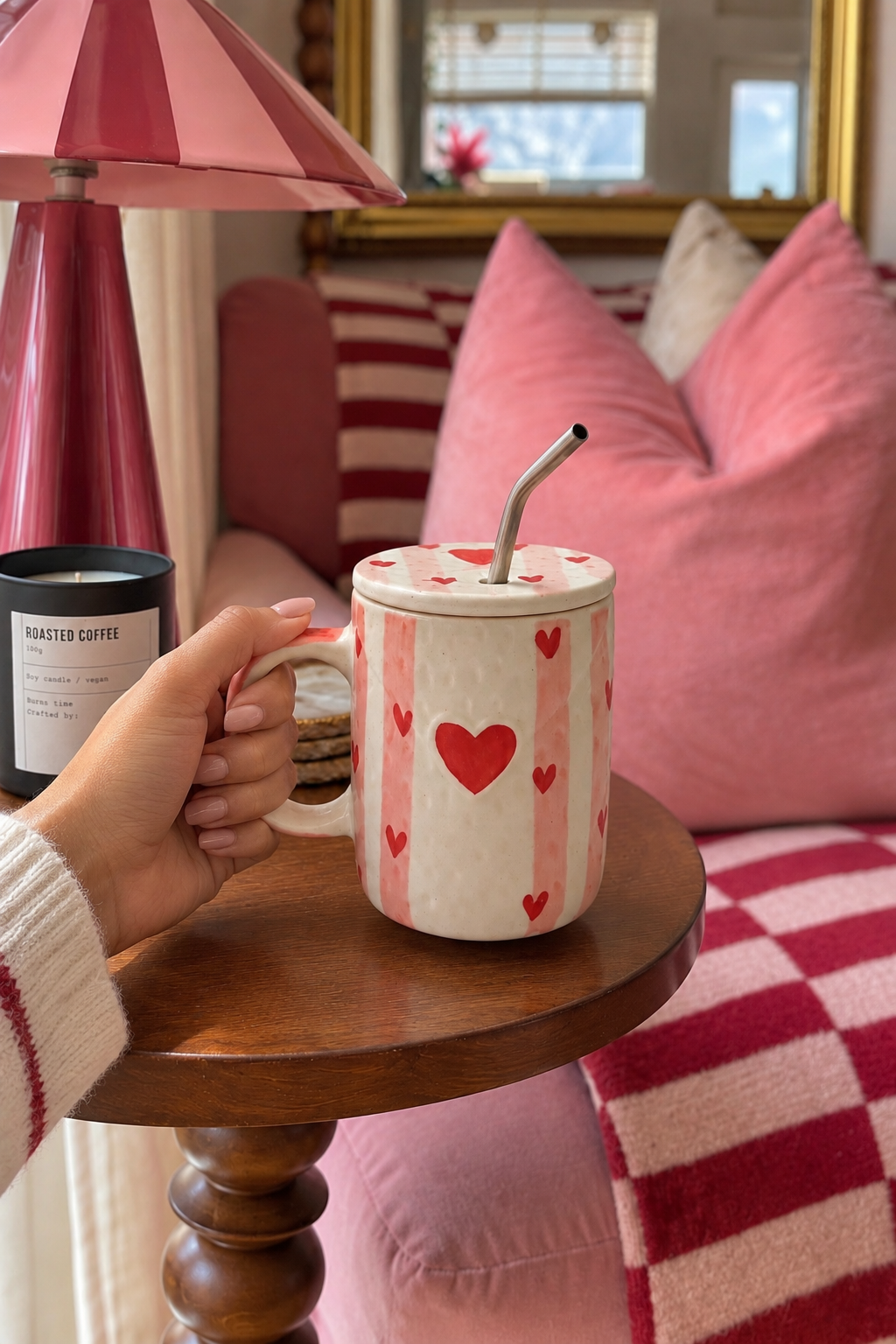 Heart & Pink Stripe Ceramic Sipper Mug