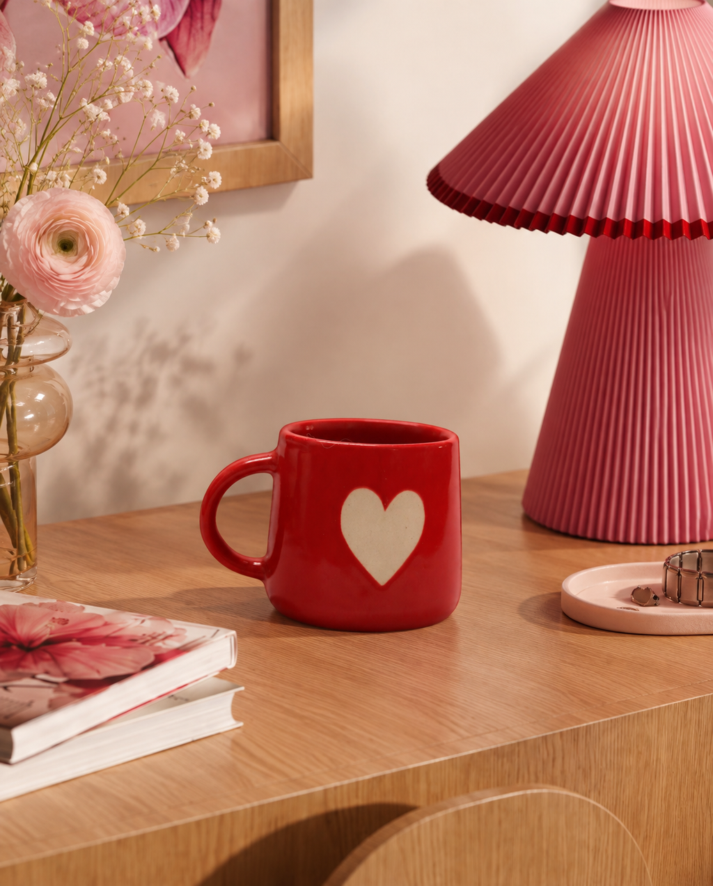 A red ceramic mug with a cream-colored heart on the front