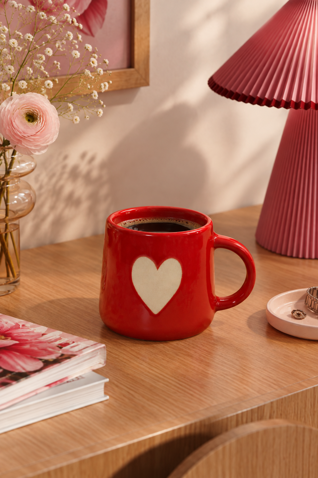 red coffee mug with white heart