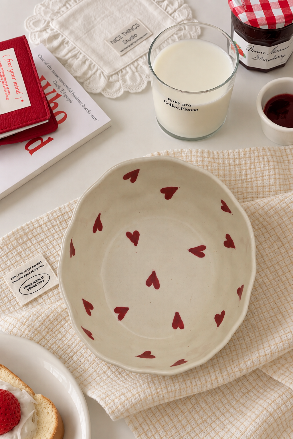 red heart white bowl
