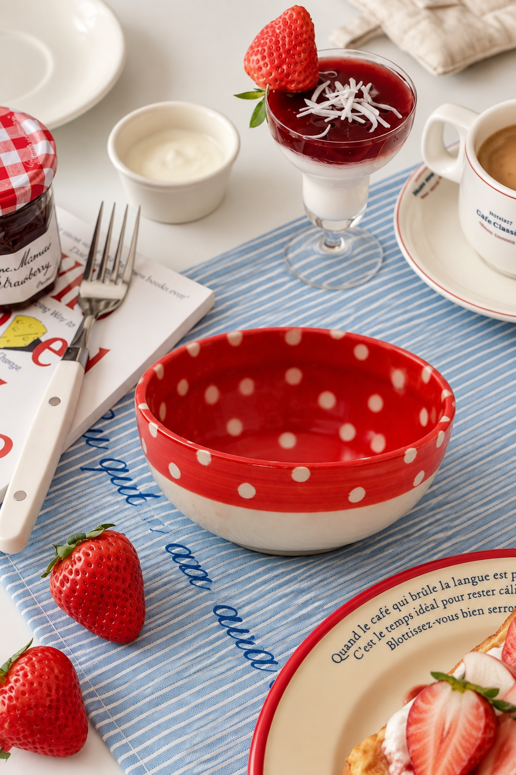 A red and white polka-dotted ceramic bowl 