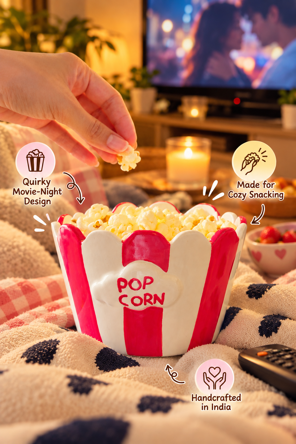 A hand reaches into a red and white striped popcorn bowl filled with popcorn