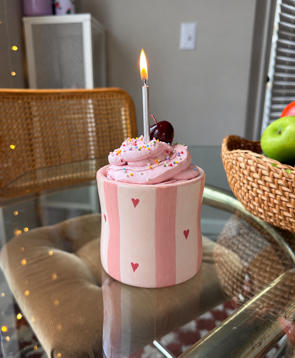 Pink Heart Stripe Ceramic Pinch Tumbler