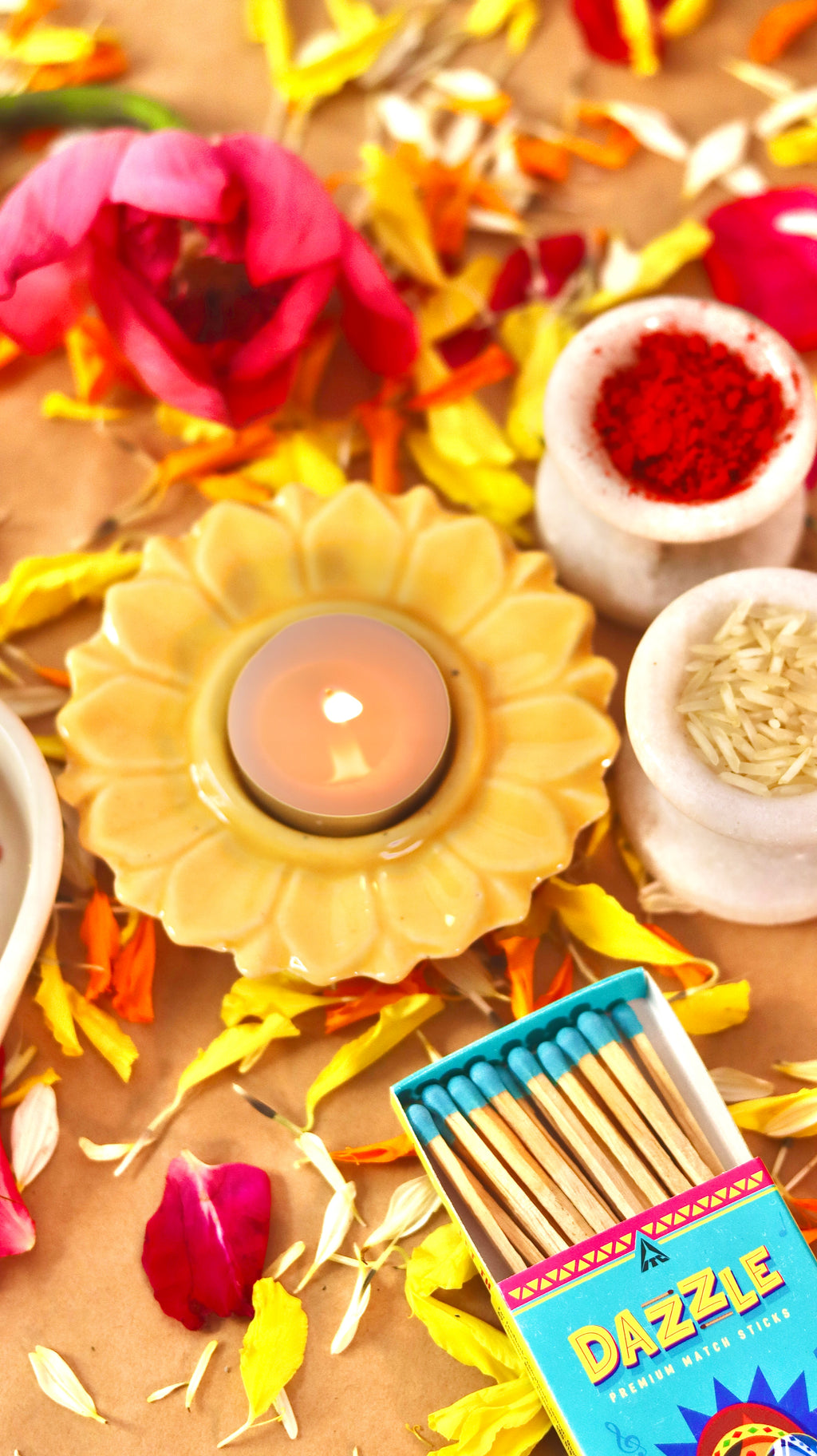 Bloomika flower-shaped T-light candle holder /diyas in vibrant festive colors by KLAEORA