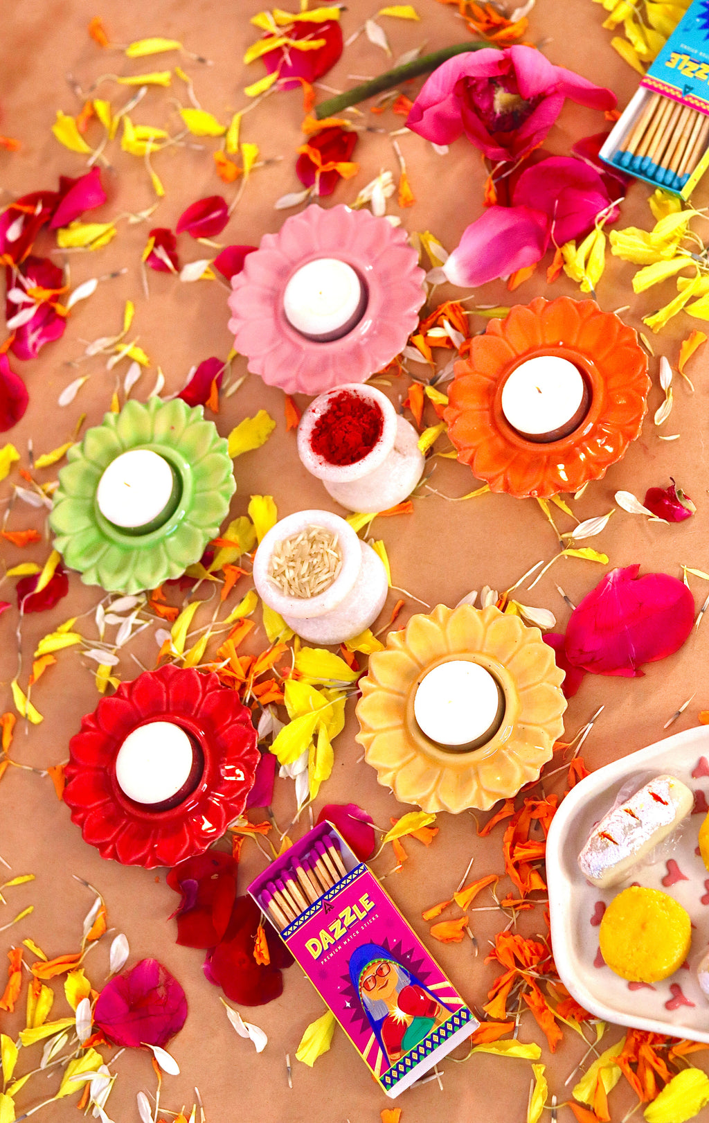 Bloomika flower-shaped T-light candle holder /diyas in vibrant festive colors by KLAEORA